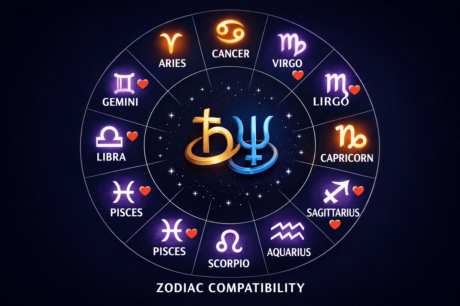 () zodiac compatibility chart infographic showing all 12 zodiac signs arranged in a circular wheel, with cardinal signs