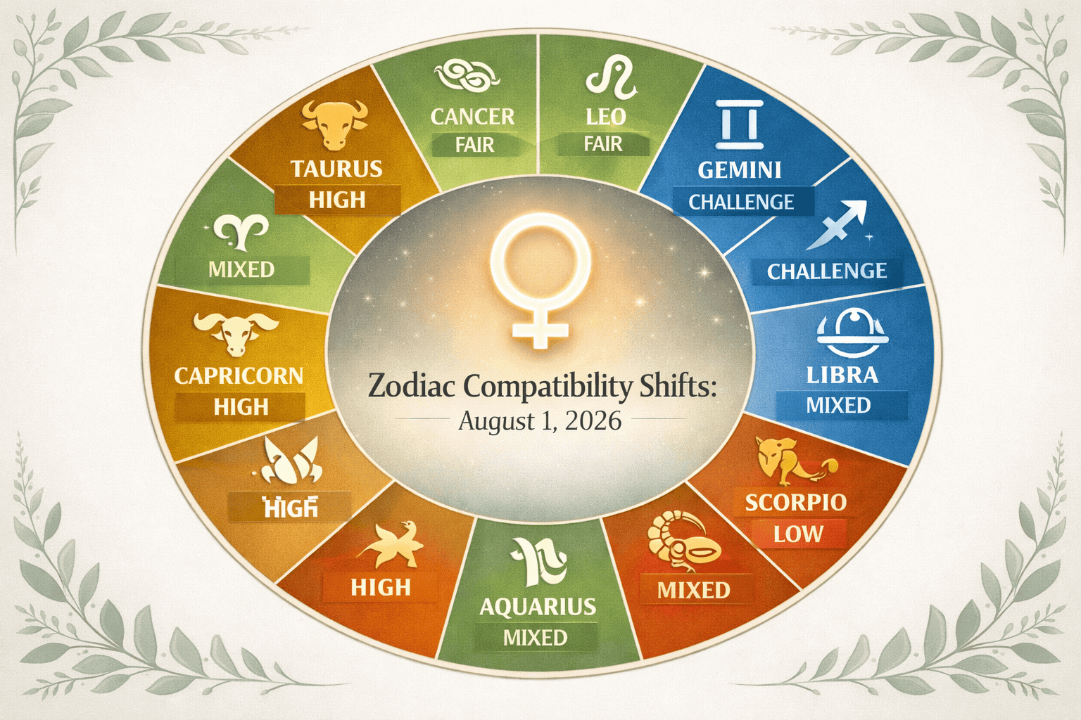 () zodiac compatibility chart infographic style illustration showing all 12 zodiac signs arranged in a circular wheel, with