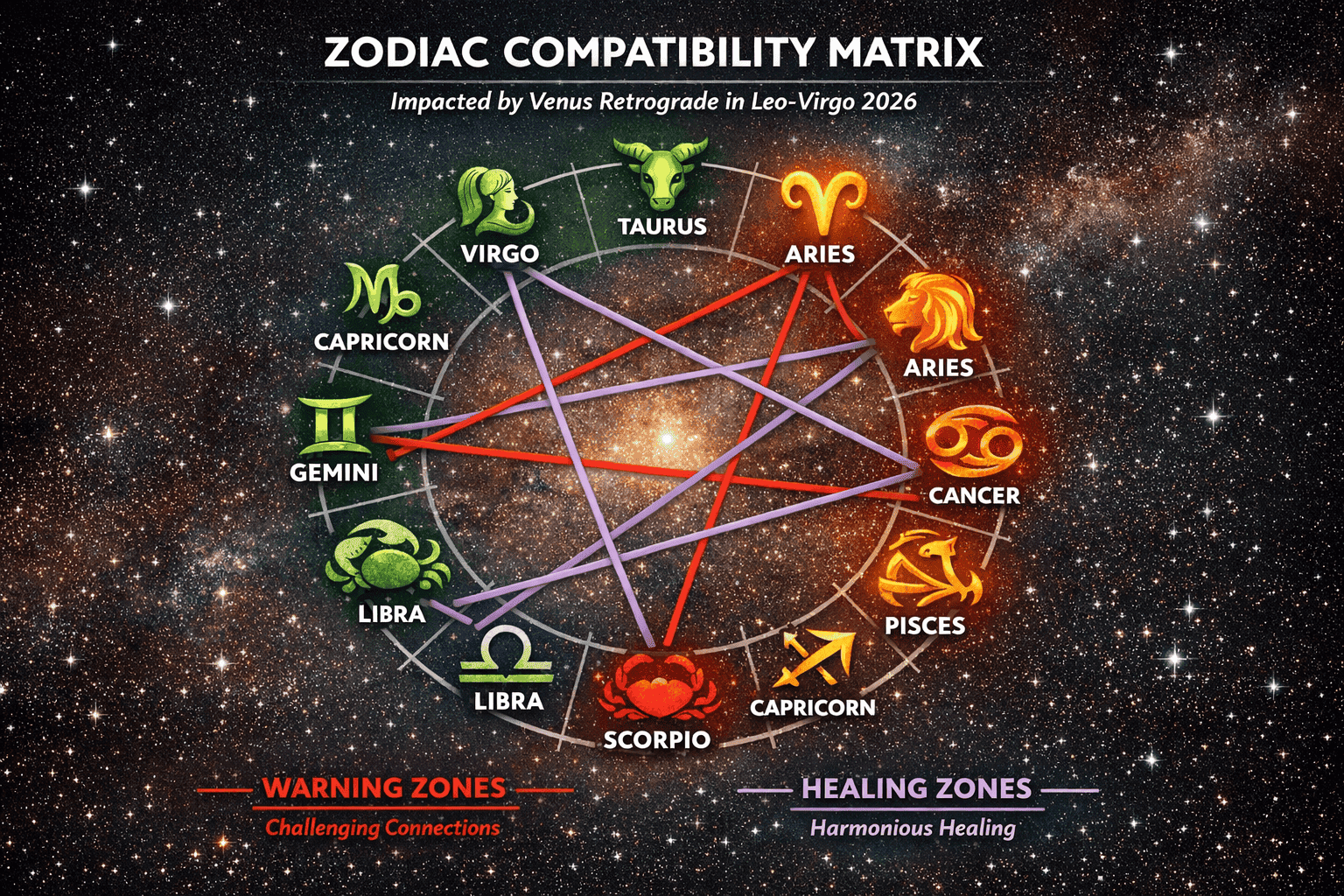 () zodiac compatibility matrix infographic showing all 12 zodiac sign symbols arranged in a circular wheel, with color-coded