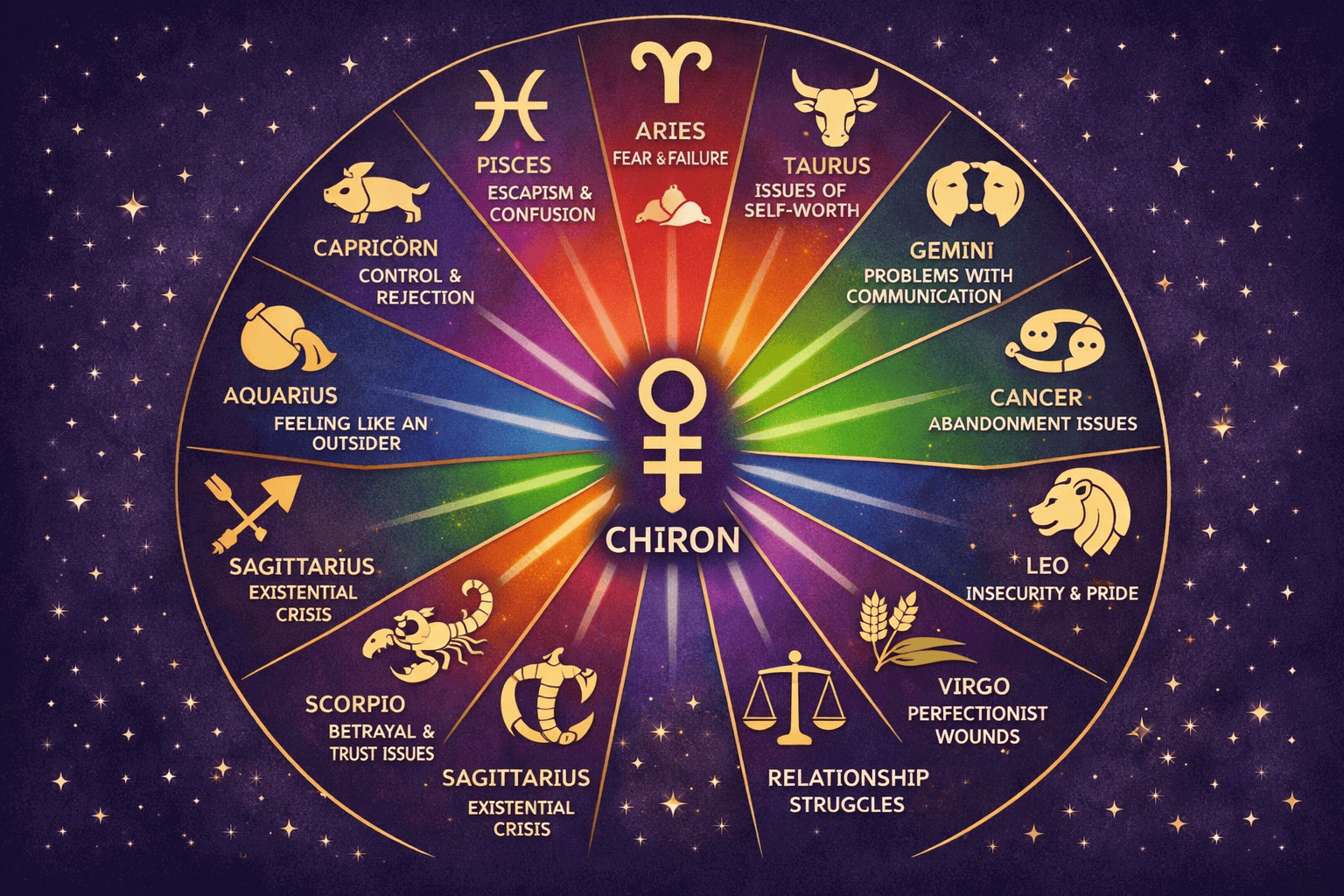 () zodiac signs comparison grid showing all 12 zodiac symbols arranged in a circular layout with Chiron's glyph at center