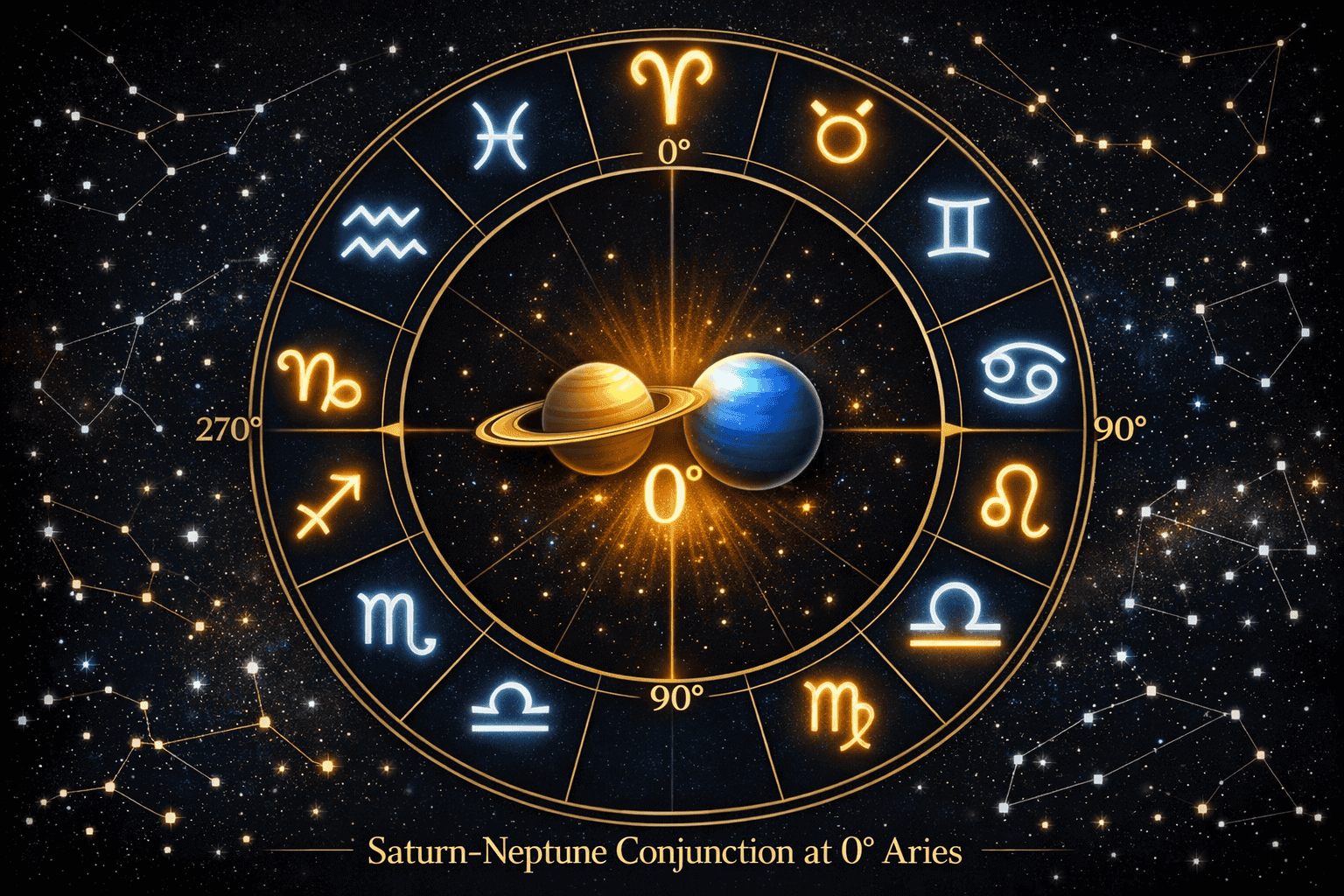 () zodiac wheel diagram centered on the Aries sector, with Saturn-Neptune conjunction highlighted at 0° Aries in glowing