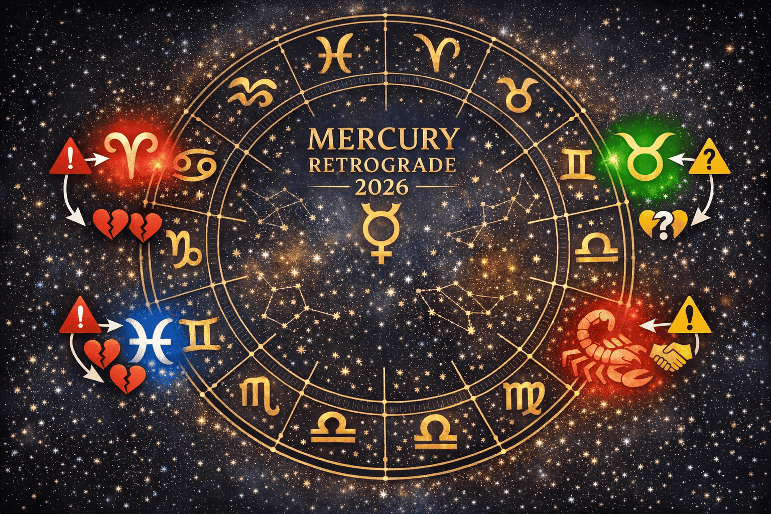 () zodiac wheel illustration featuring all 12 signs arranged in a circle, with Aries, Taurus, Scorpio, Pisces, and other