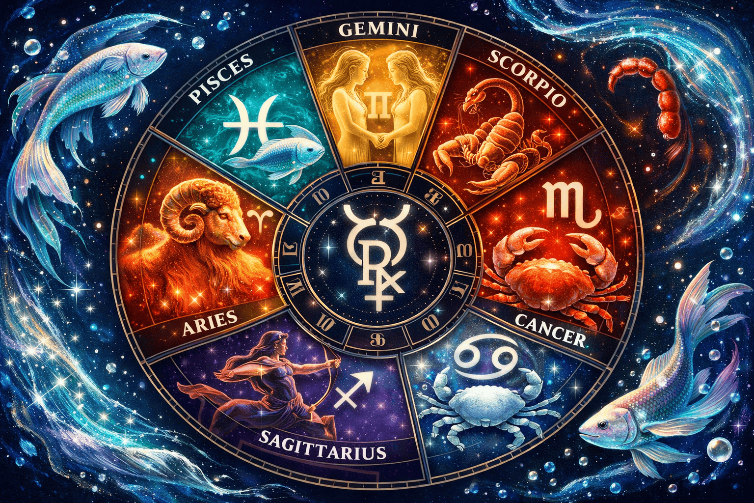 () zodiac wheel illustration highlighting six signs: Pisces, Gemini, Scorpio, Aries, Sagittarius, Cancer, each in a distinct