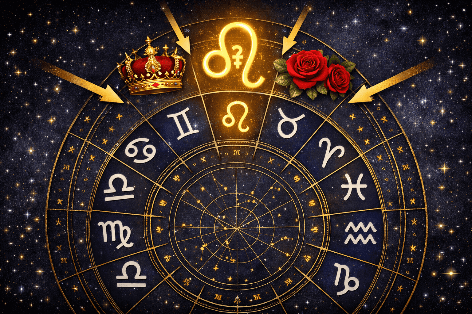 () zodiac wheel illustration with all 12 signs arranged in a circle, Leo sign highlighted in vivid gold at the top with