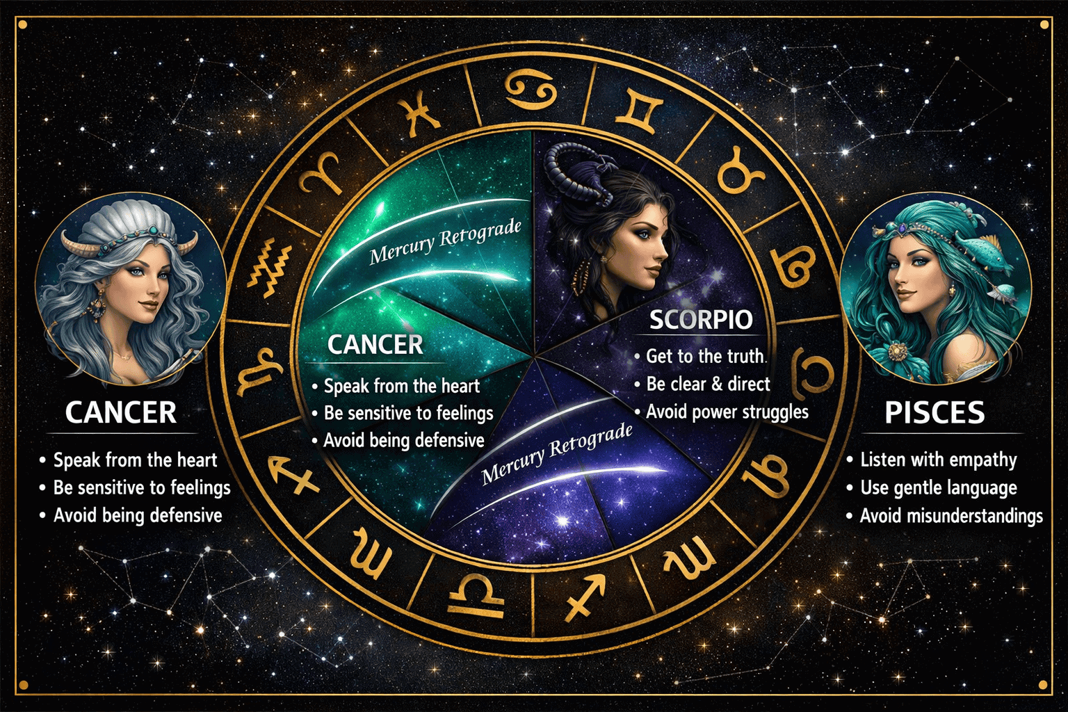 () zodiac wheel infographic focused on Cancer, Scorpio, and Pisces segments highlighted in glowing teal and deep indigo,