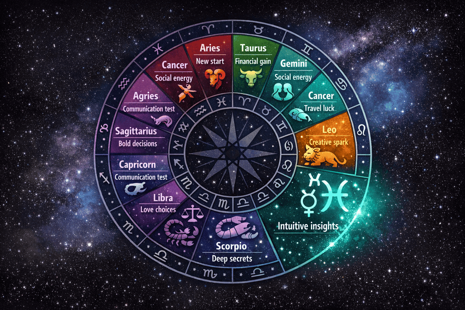 () zodiac wheel infographic showing all 12 zodiac signs arranged in a circle, with Pisces highlighted in glowing aquamarine