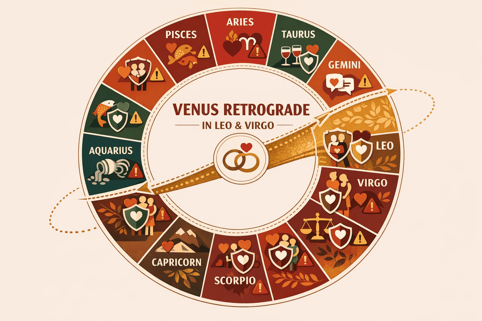 () zodiac wheel infographic showing all 12 zodiac signs arranged in a circle with Venus retrograde path cutting through Leo