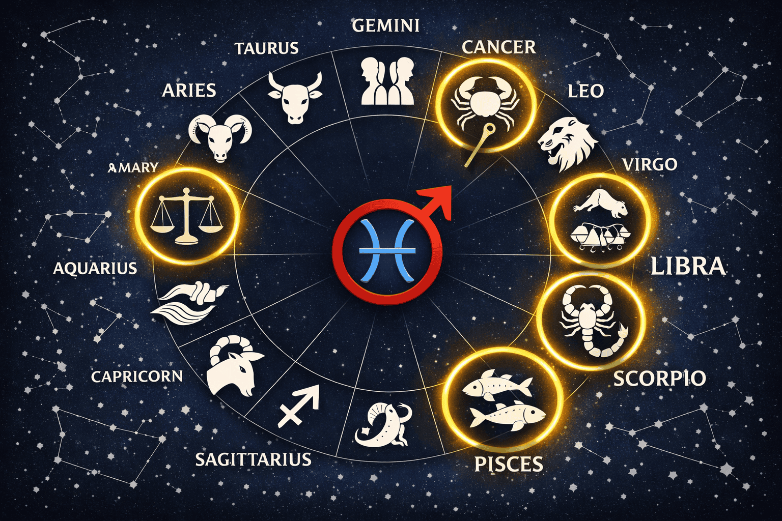 () zodiac wheel infographic-style illustration showing all 12 zodiac signs arranged in a circle, with Cancer, Libra,