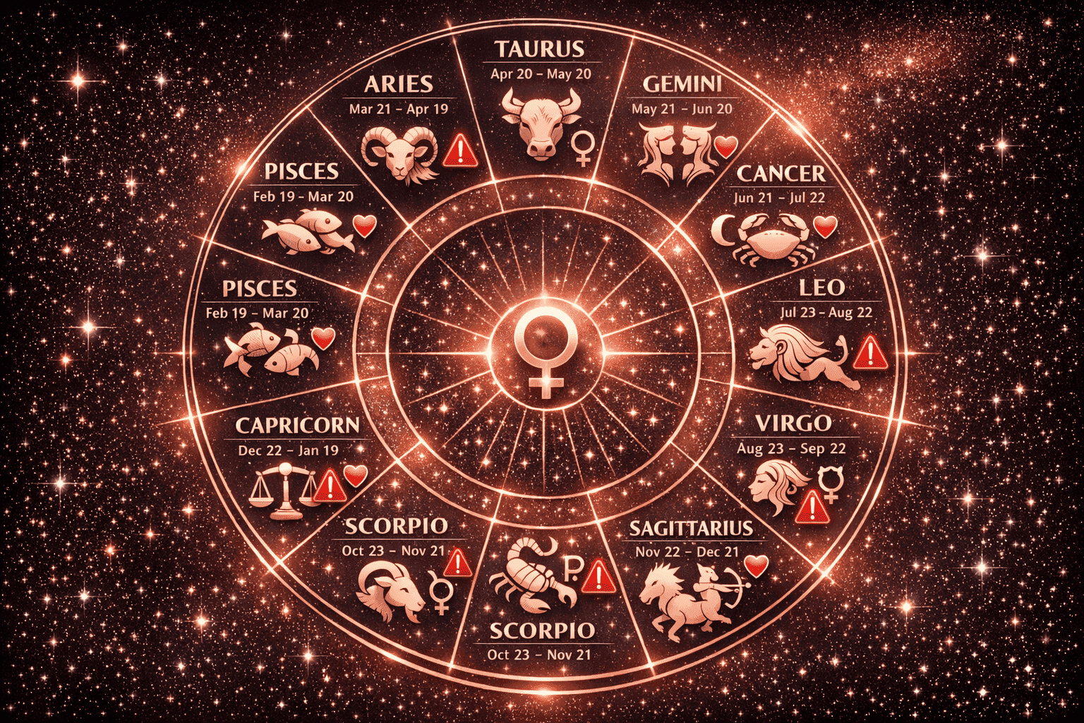 () zodiac wheel infographic-style illustration showing all 12 zodiac signs arranged in a glowing circular chart, each sign