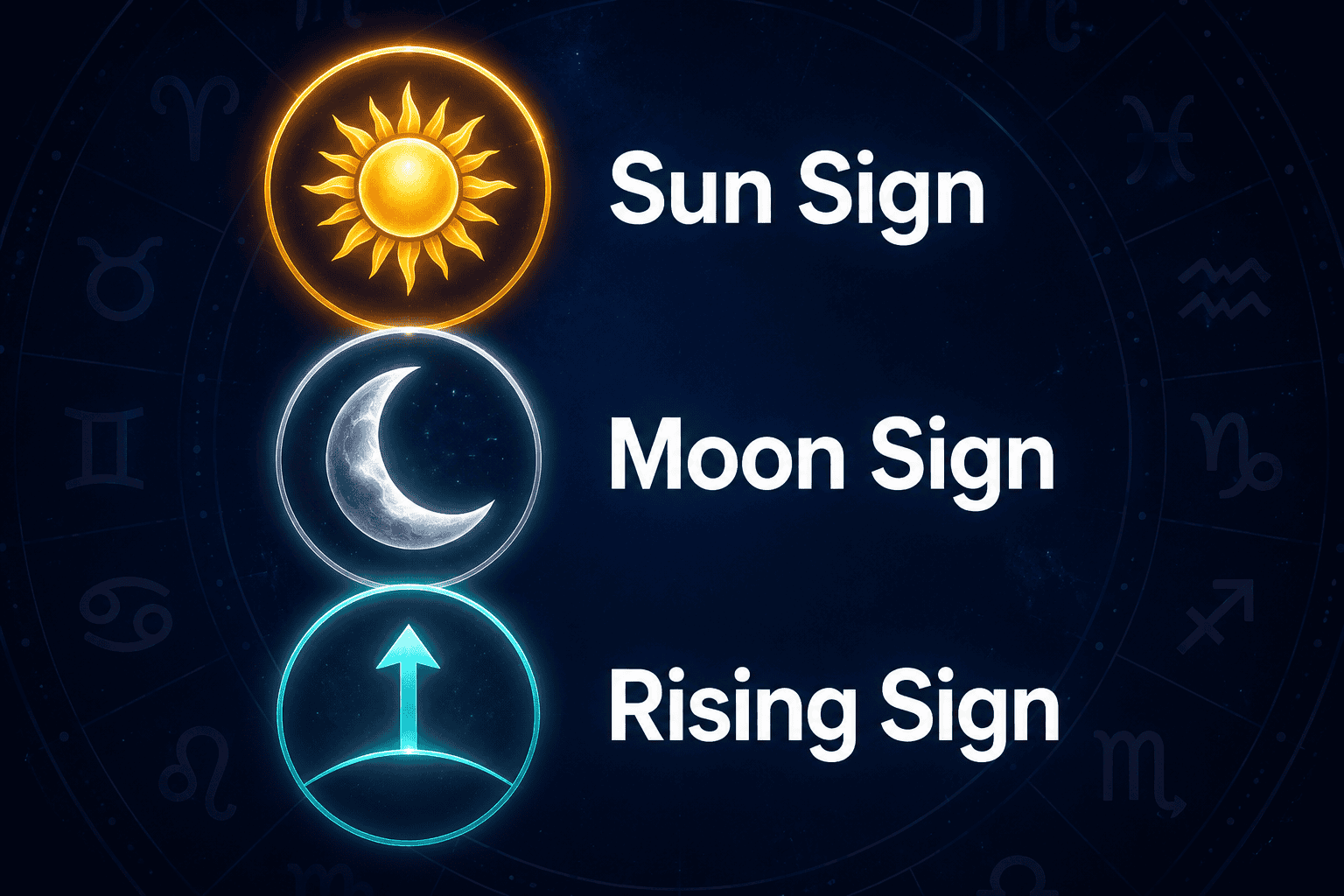 Close-up illustration () of the three core birth chart layers: a Sun symbol in bright gold at top, a crescent Moon symbol in
