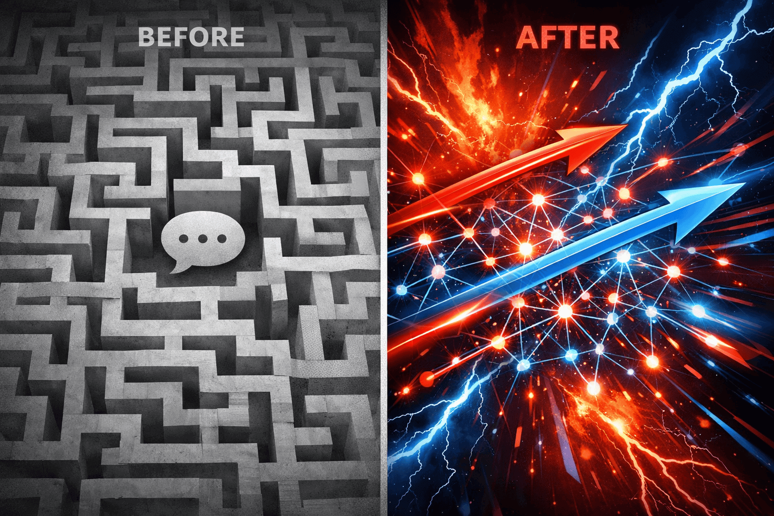 Communication and Decision-Making section graphic: Split-screen visual metaphor showing 'before' and 'after' communication