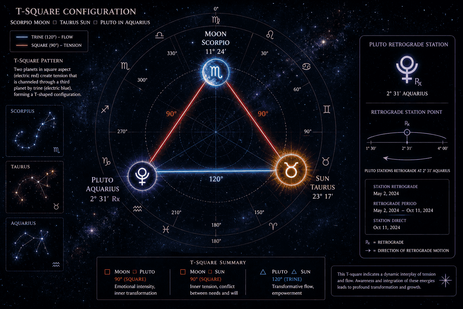 Detailed astrological diagram showing a T-square configuration between Scorpio Moon, Taurus Sun, and Pluto in Aquarius, with