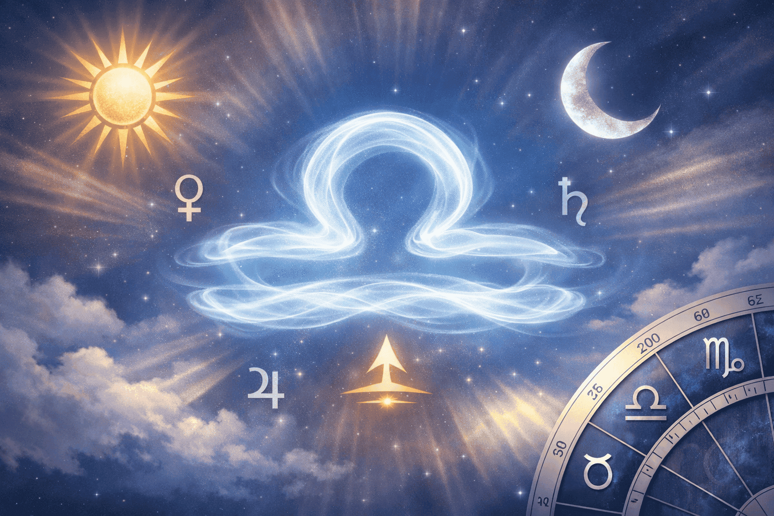 Detailed () illustration of Libra's cardinal air energy: a translucent glowing air current shaped like the Libra scales