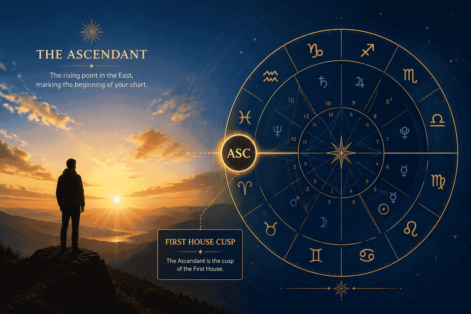 Detailed () illustration showing a split-scene composition: on the left, a person's silhouette at sunrise with the eastern