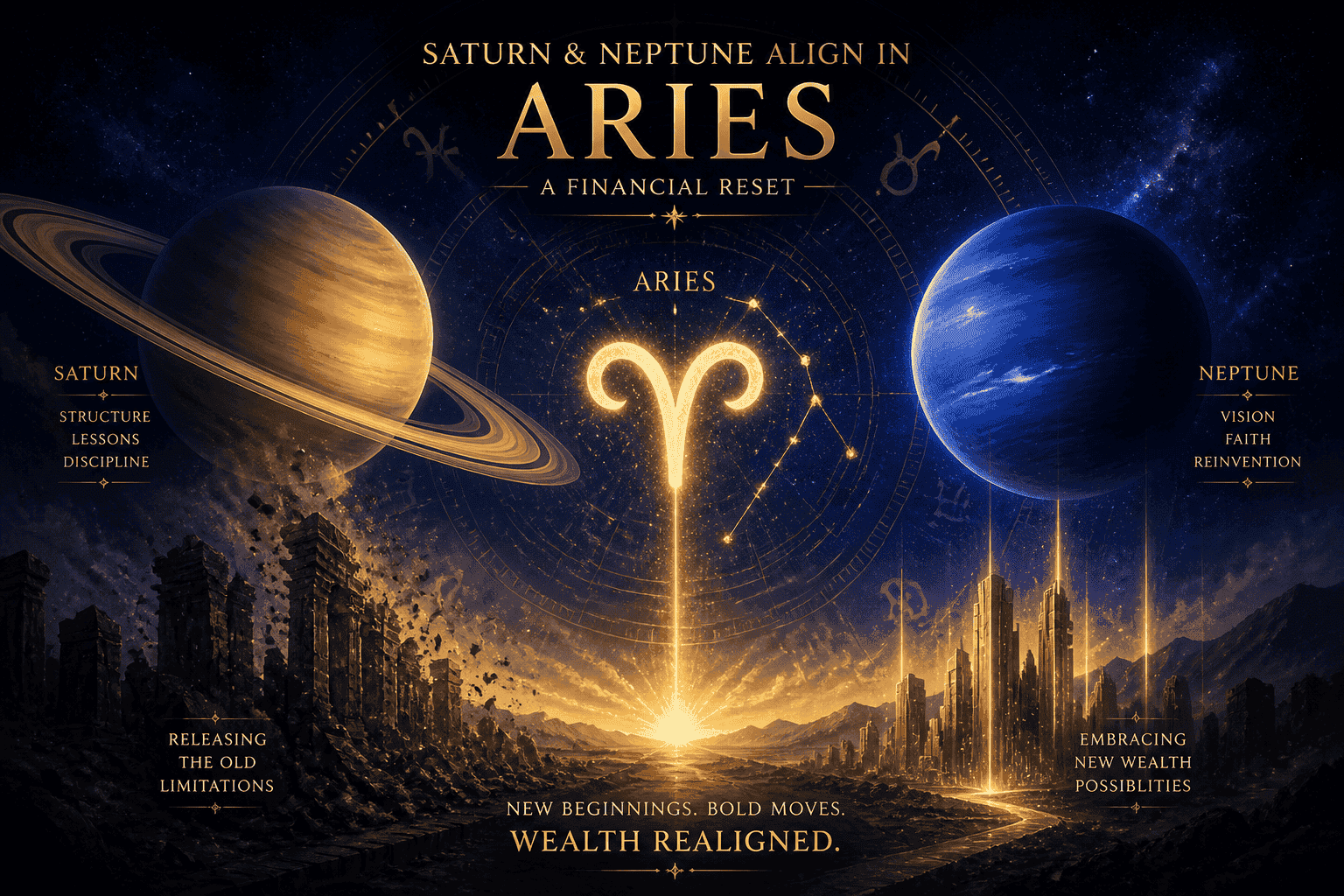 Dramatic close-up illustration of Saturn and Neptune planets aligning in Aries constellation, rendered in rich indigo and