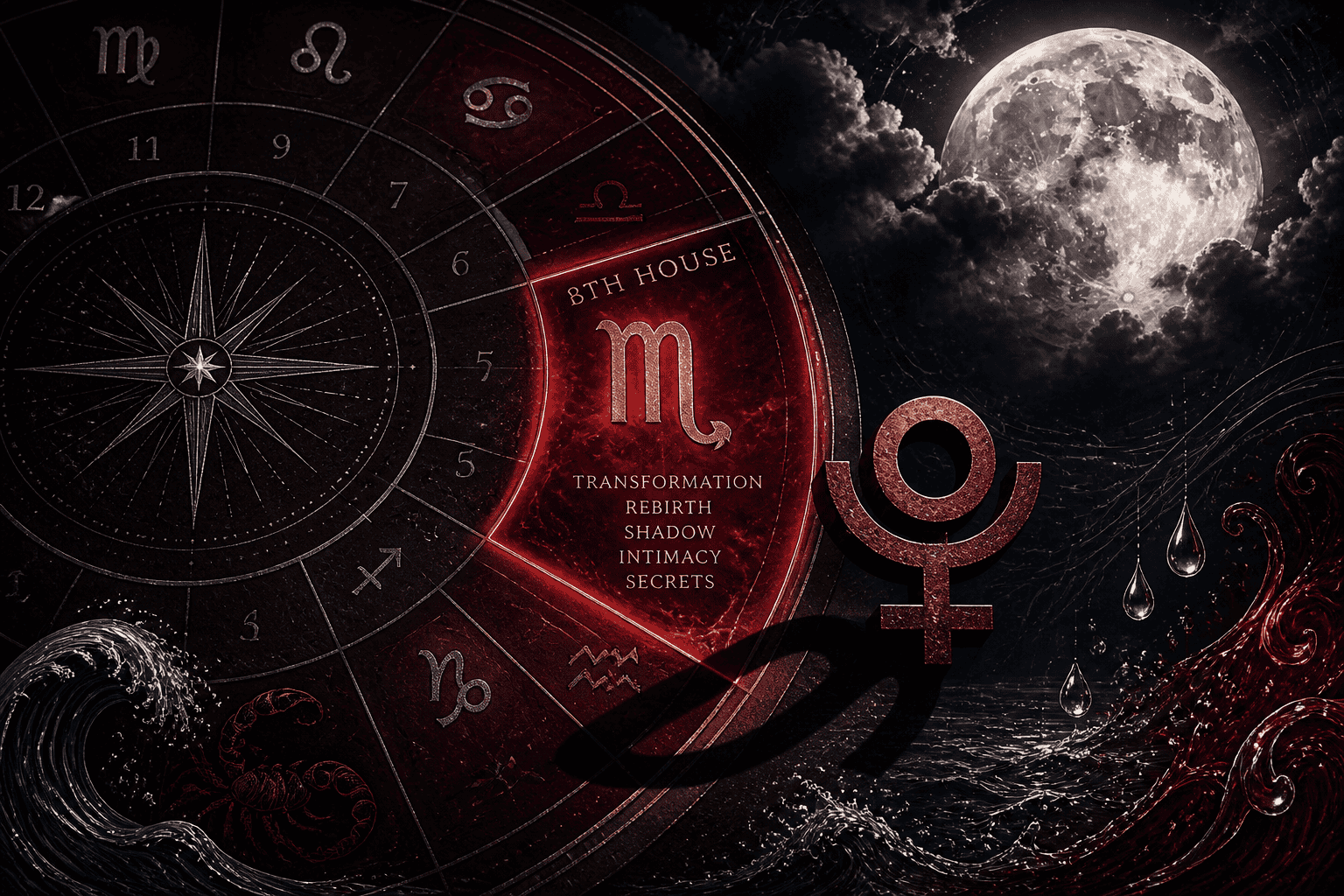Dramatic close-up illustration of an astrological birth chart wheel highlighting the 8th house segment glowing in deep