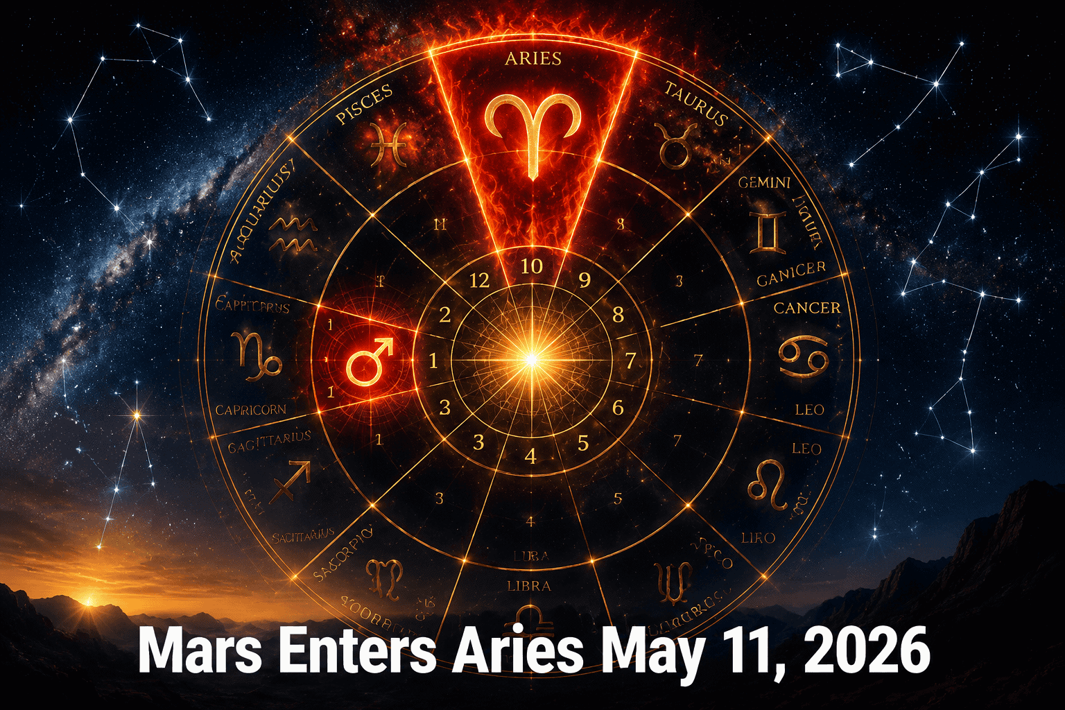 Dramatic () illustration showing a glowing astrological birth chart wheel with the Aries sector blazing in red-orange fire,