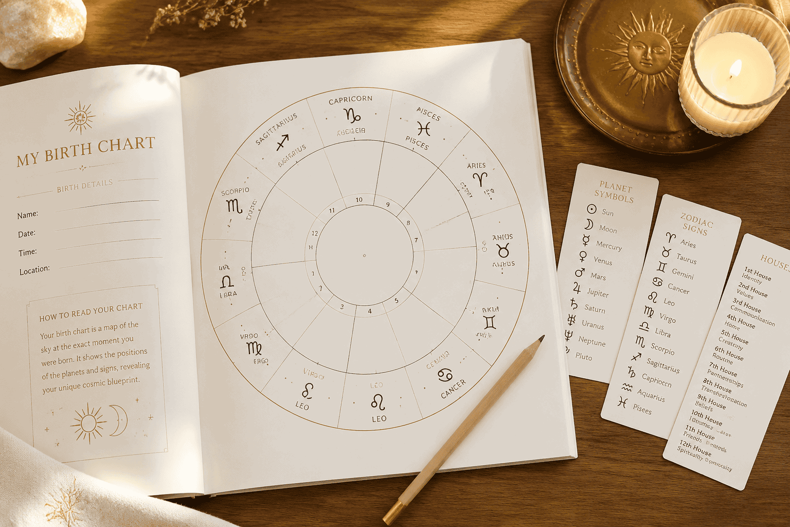 Flat-lay editorial photograph () of an open astrology workbook on a wooden desk showing a blank birth chart wheel template
