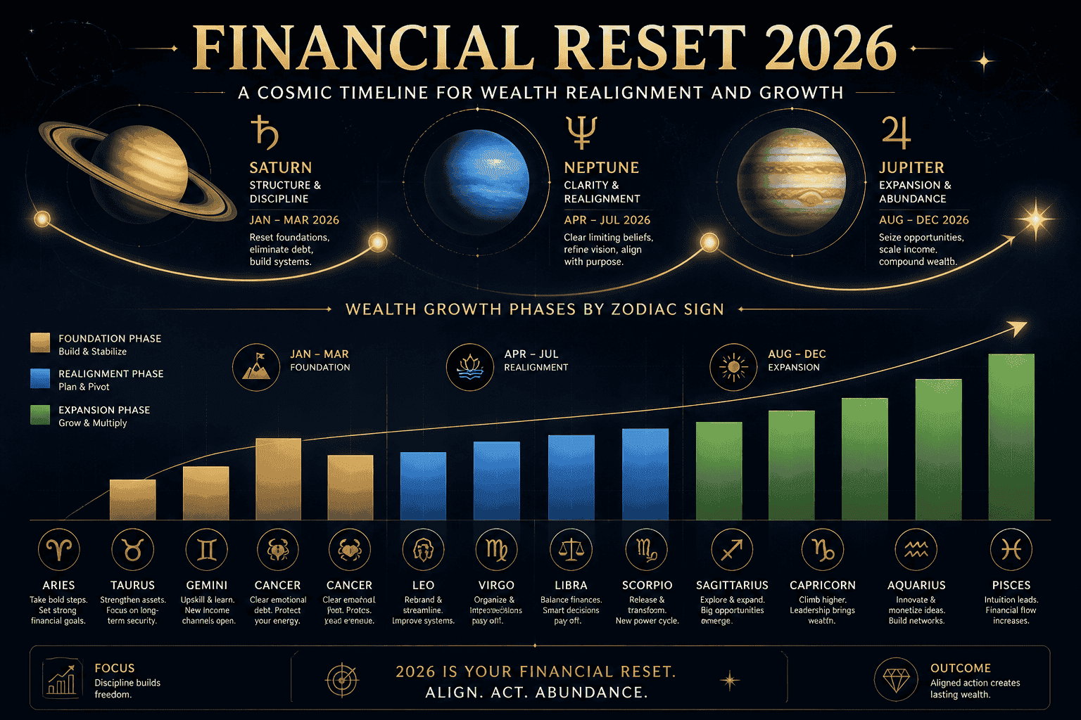 Infographic-style landscape illustration showing a financial reset timeline for 2026, with planetary symbols (Saturn,