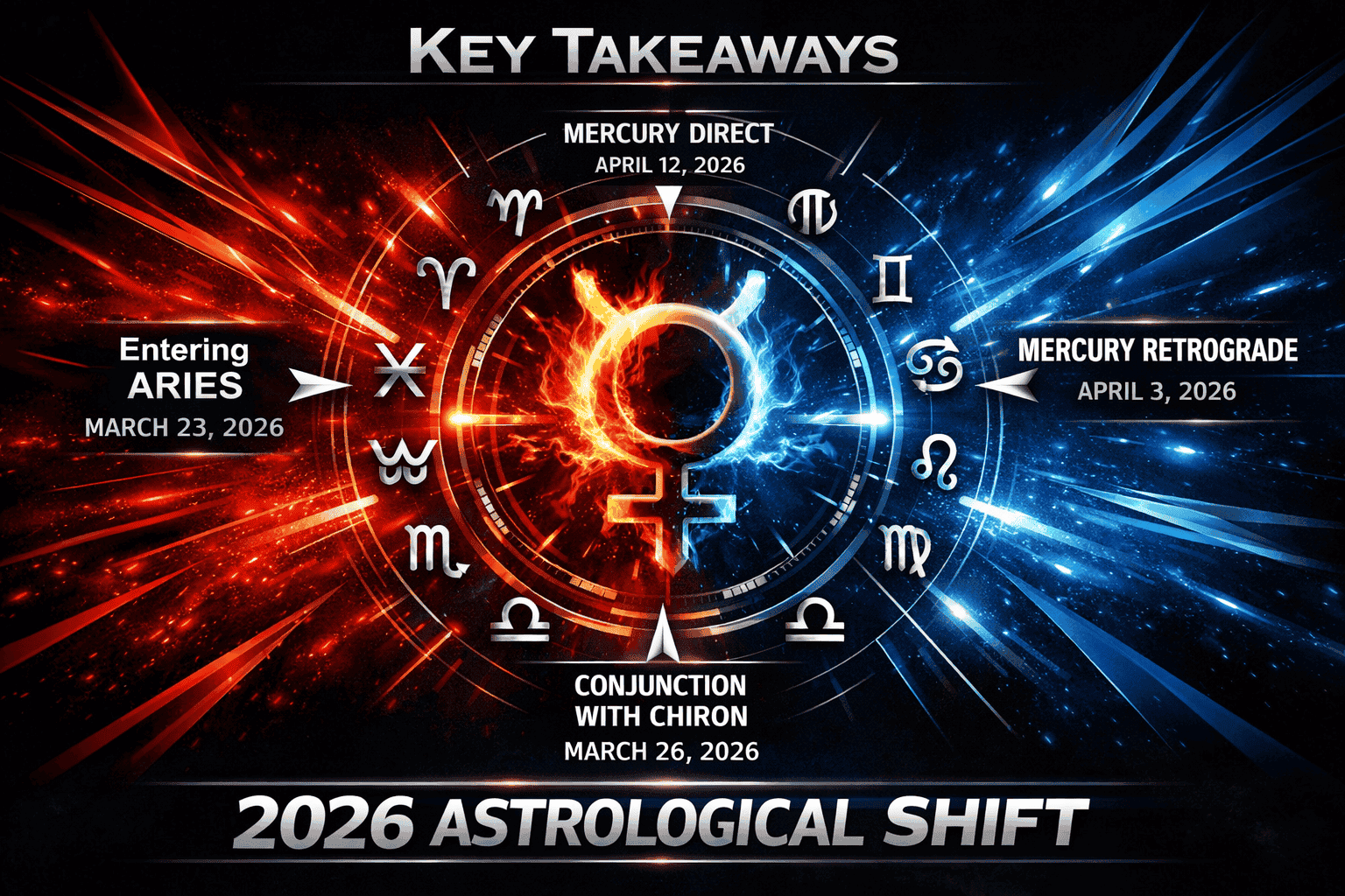Key Takeaways section visual: Dramatic infographic with a central fiery mercury symbol transforming into multiple zodiac