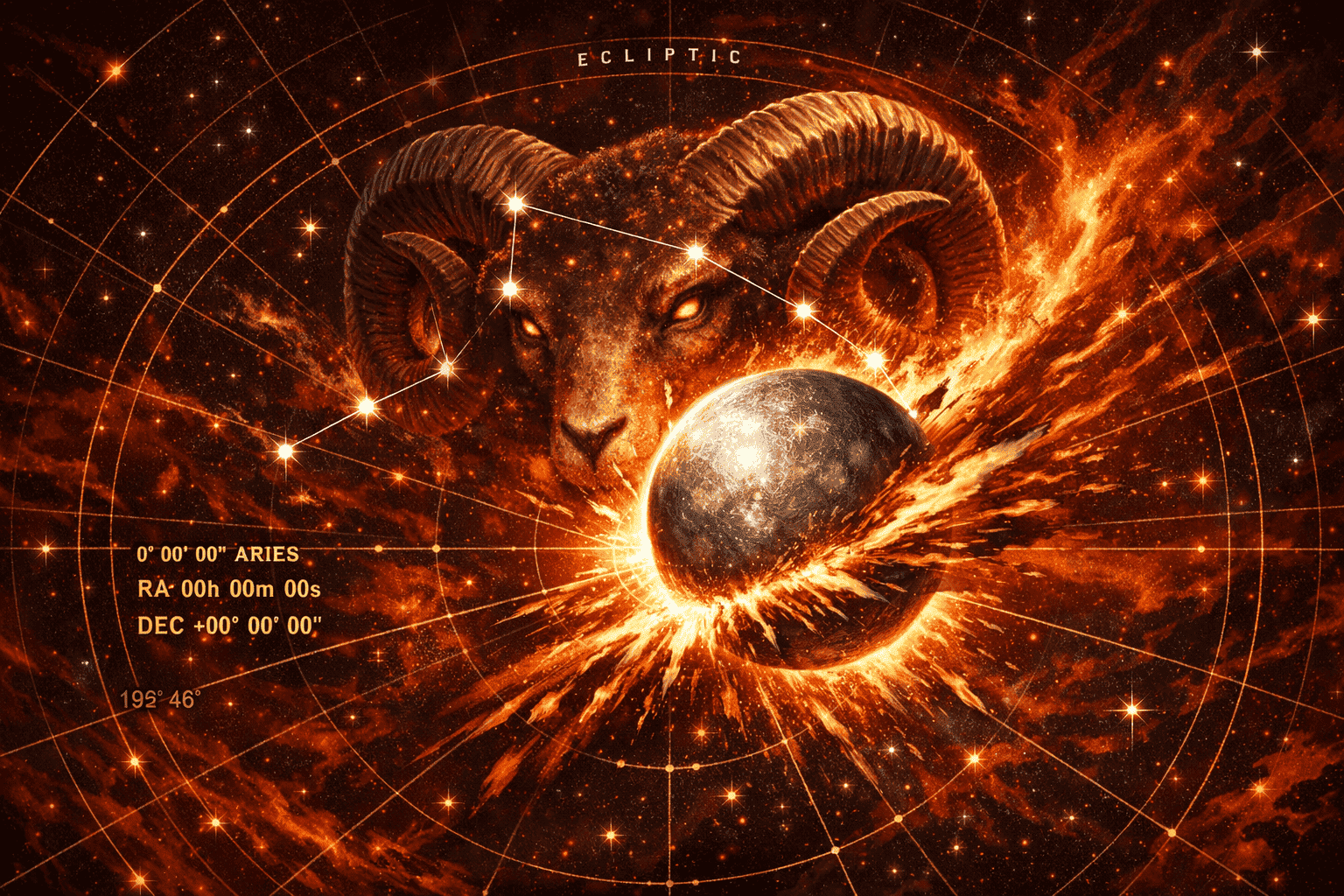 Mercury Entering Aries section illustration: Cosmic landscape depicting Mercury as a sleek, metallic planetary form bursting