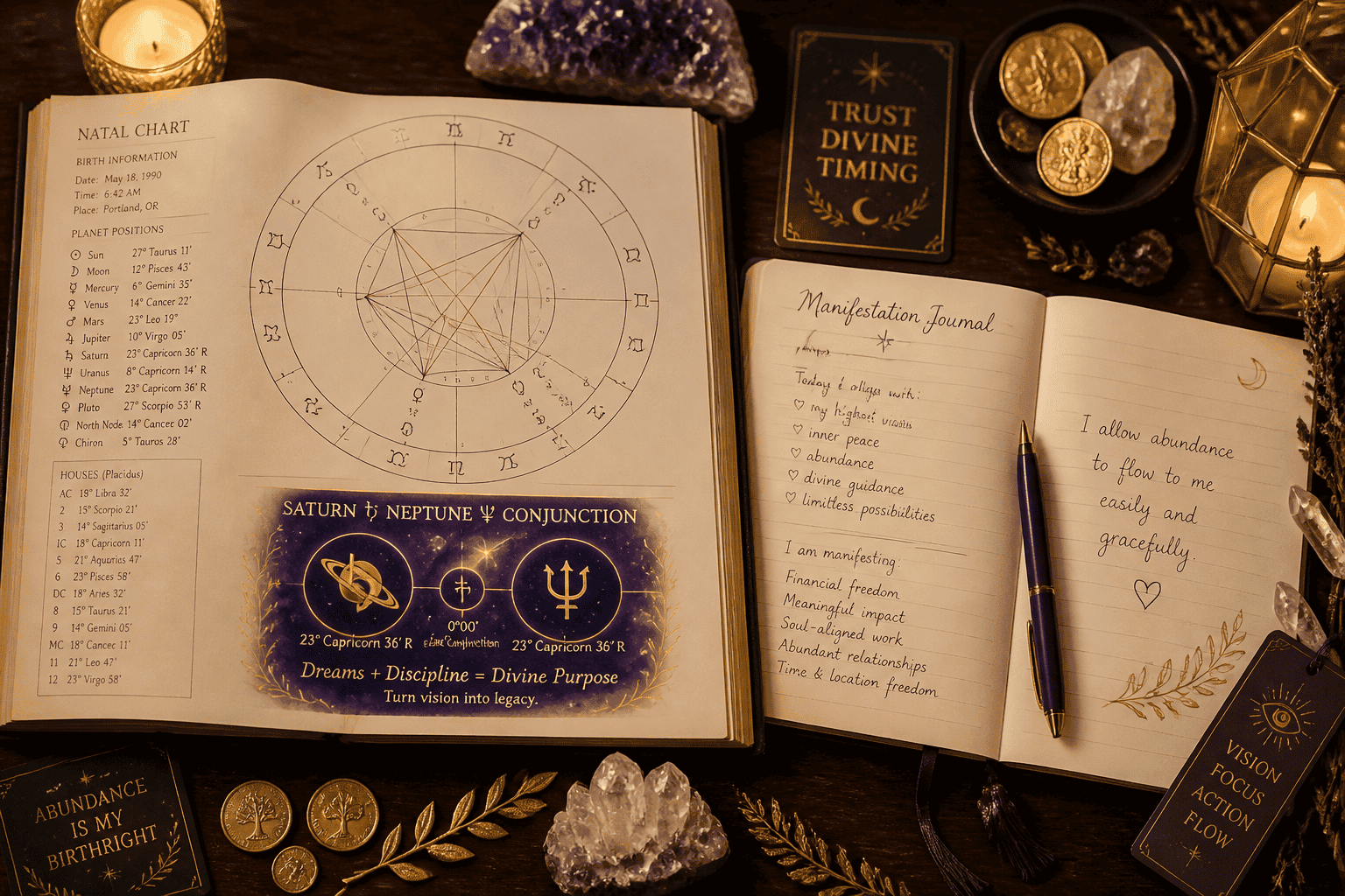 Mystical astrology workspace scene showing an open natal birth chart on a dark wooden desk, surrounded by crystals, a