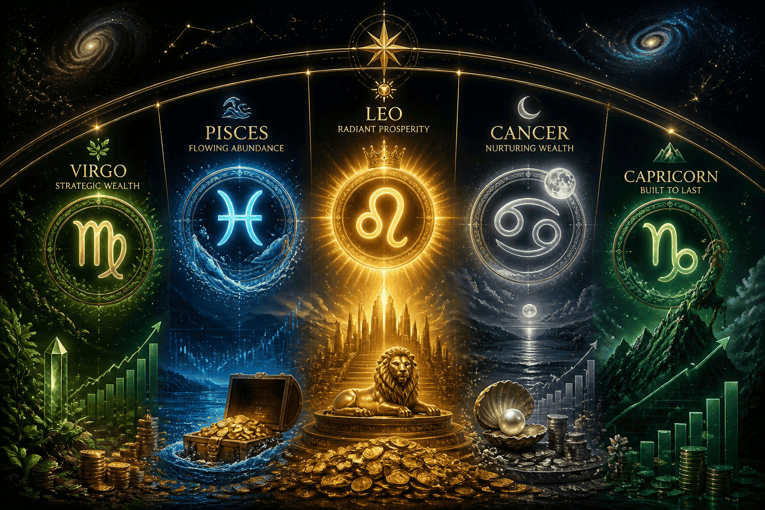 Split-panel landscape image showing five zodiac symbols (Virgo, Pisces, Leo, Cancer, Capricorn) arranged in a golden arc,