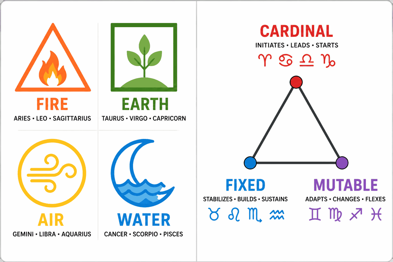 Split-screen editorial image (): left side shows the four elemental symbols (Fire triangle in orange, Earth square in green,