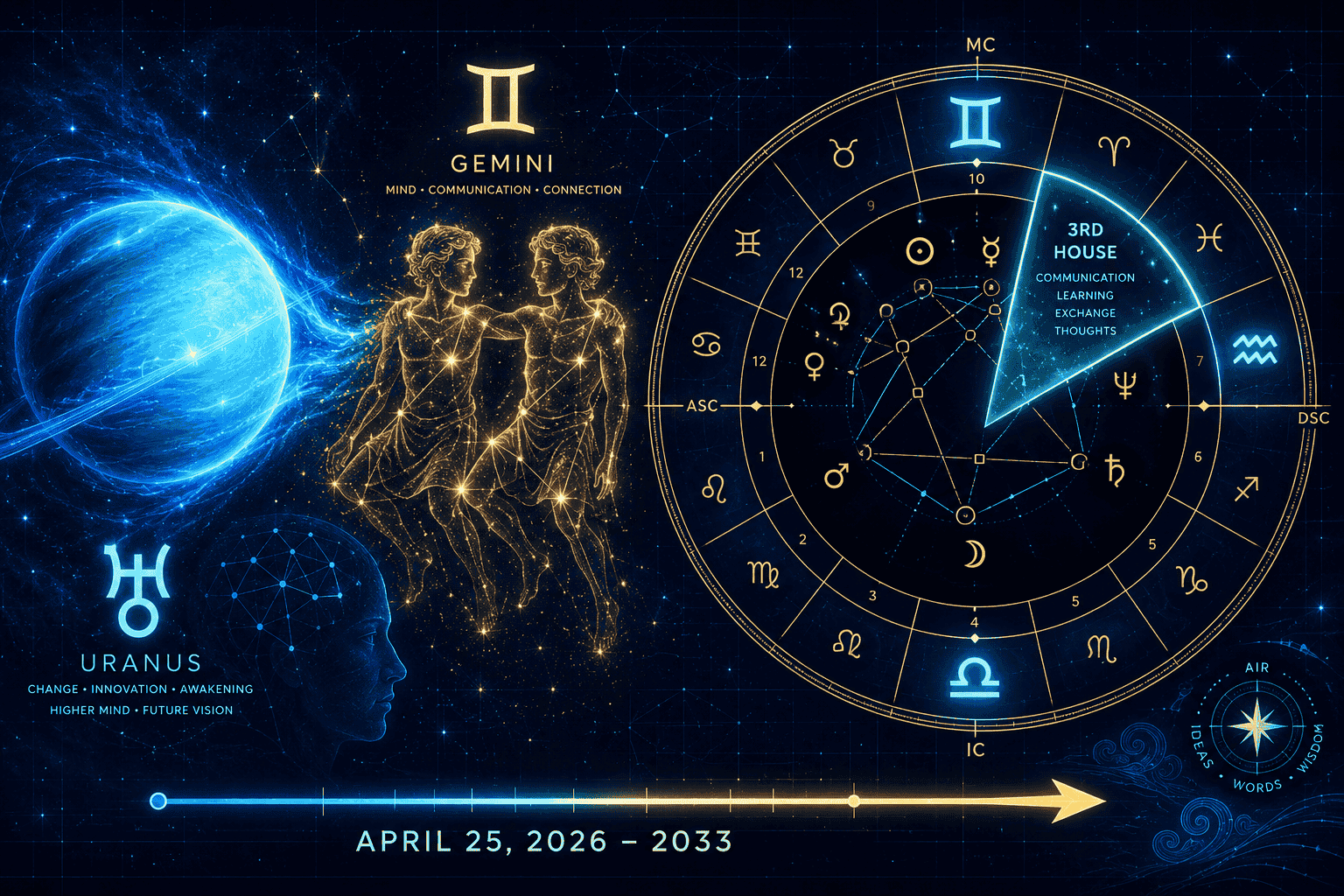 Wide () editorial illustration showing a split cosmic scene: left side depicts Uranus as a glowing electric-blue orb