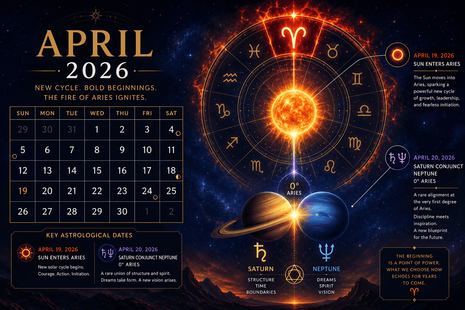 Wide () illustration of a cosmic calendar showing April 2026 with the Sun entering Aries symbol highlighted in flame-orange,