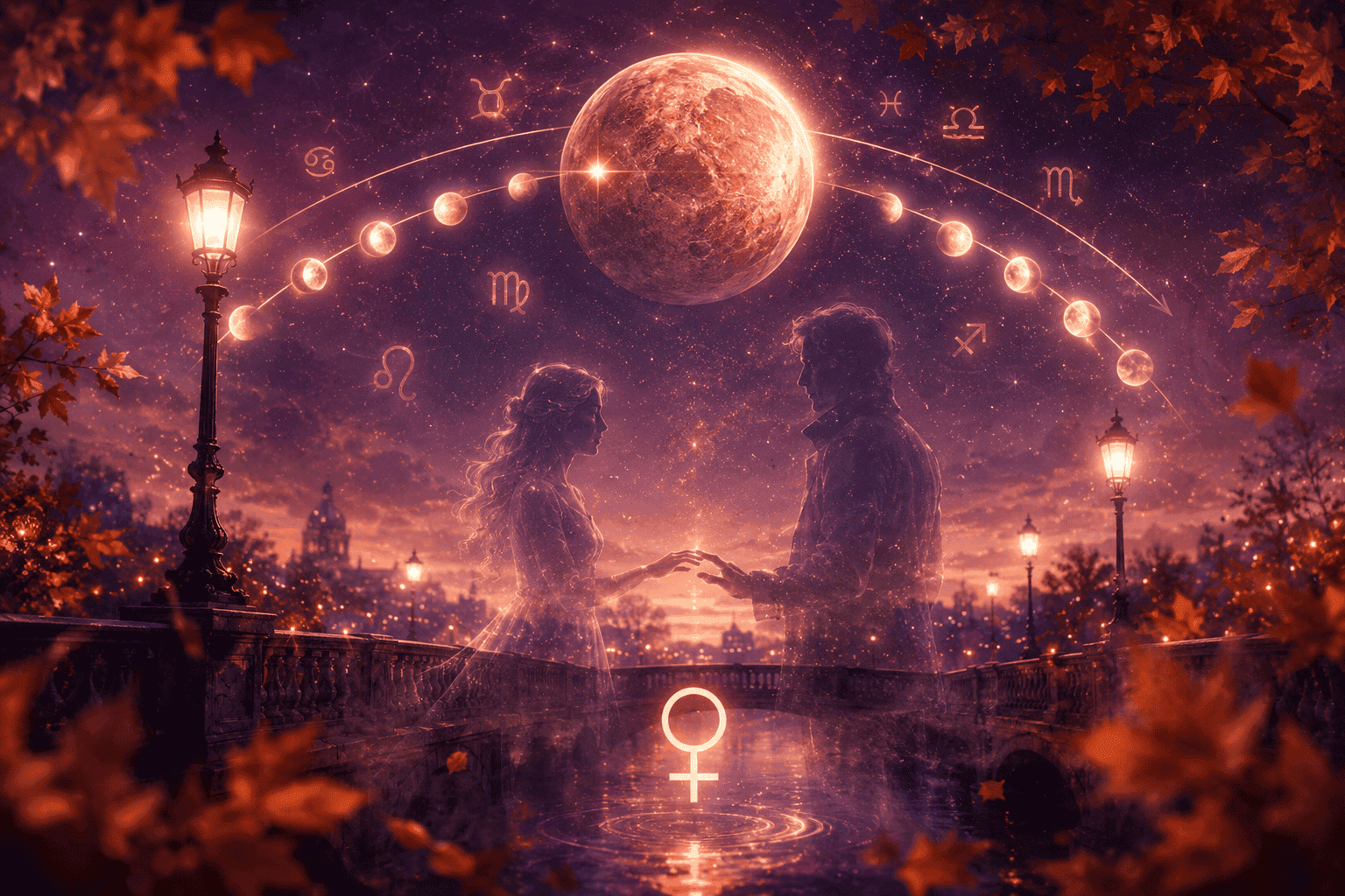 Wide () illustration showing Venus as a glowing rose-gold planet moving in a backward retrograde arc across a starry autumn