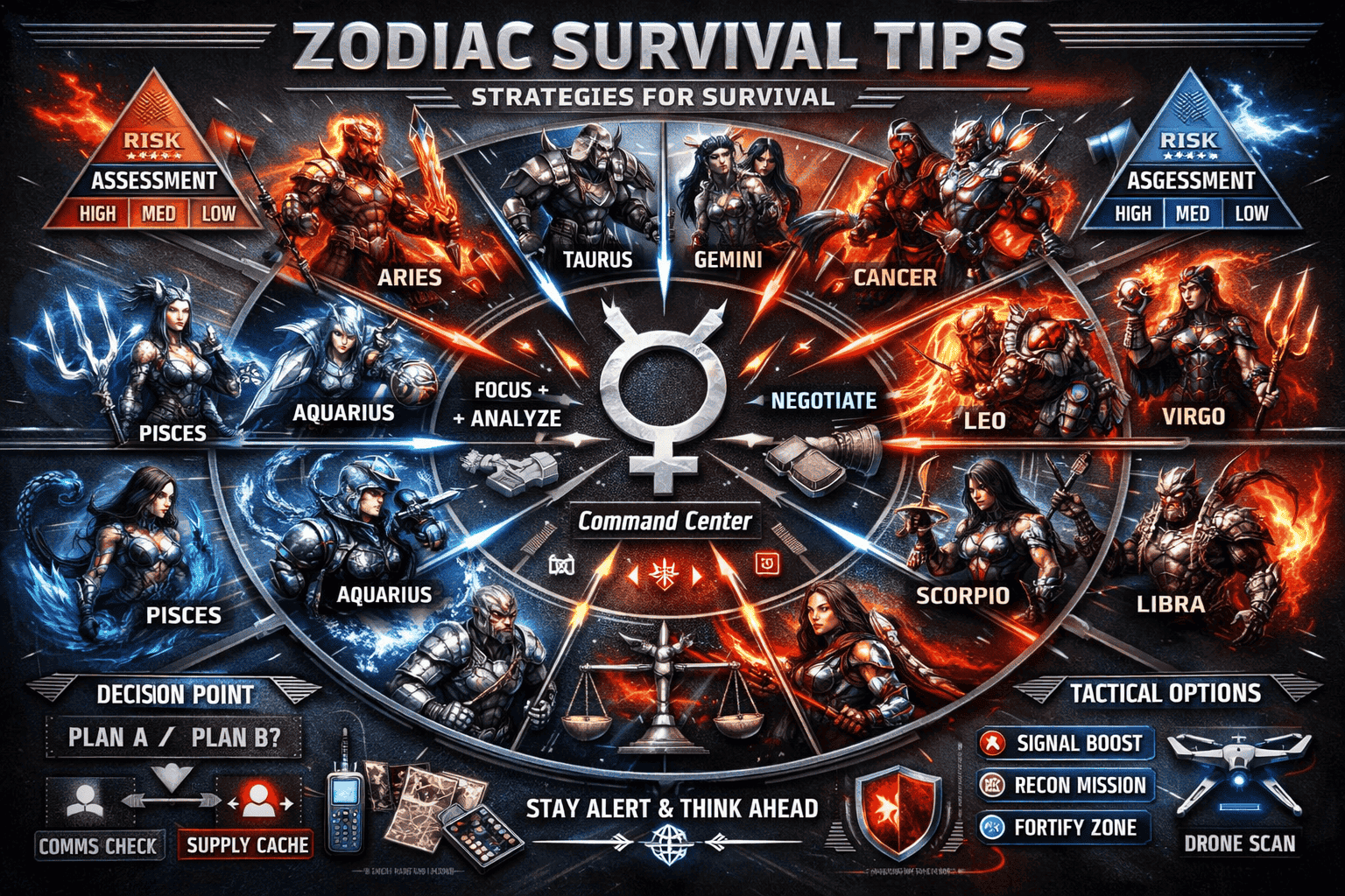 Zodiac Survival Tips section design: Zodiac wheel transformed into a dynamic survival strategy map, with each sign