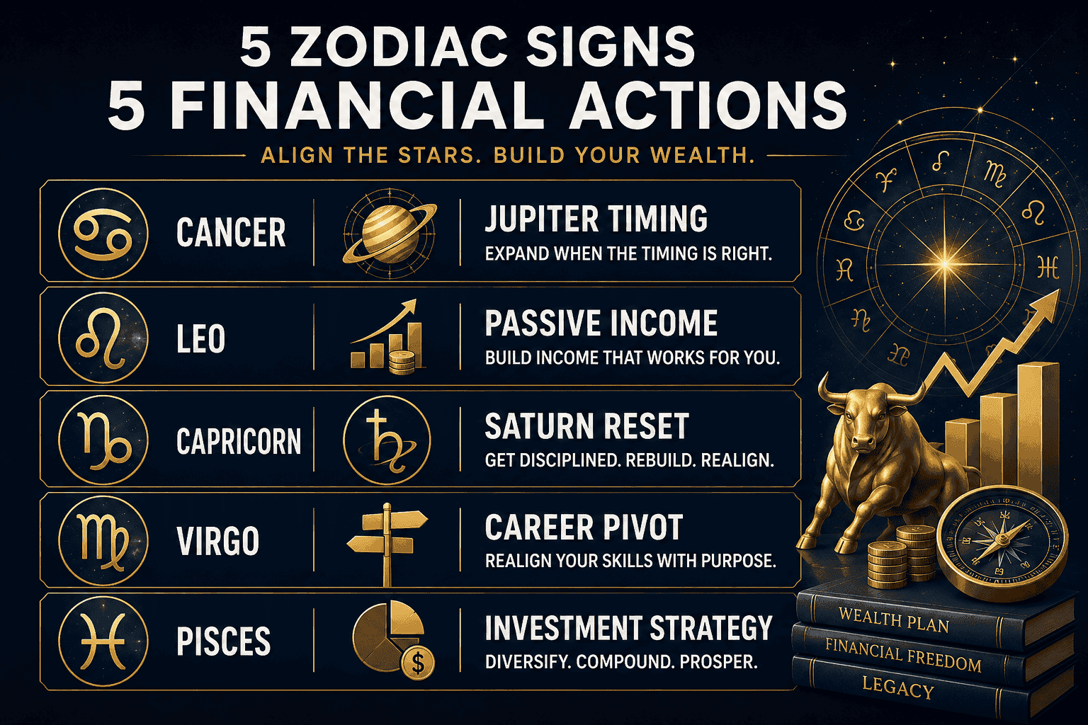 () action-oriented checklist visual showing five zodiac symbol icons (Cancer, Leo, Capricorn, Virgo, Pisces) each paired