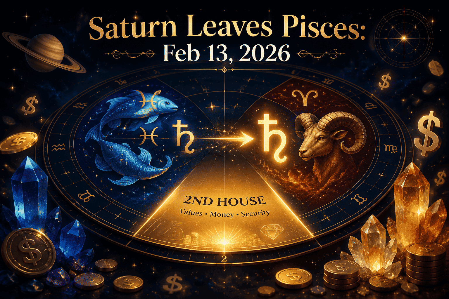 () astrological chart illustration showing Saturn's glyph moving from Pisces fish symbol into Aries ram symbol, with a