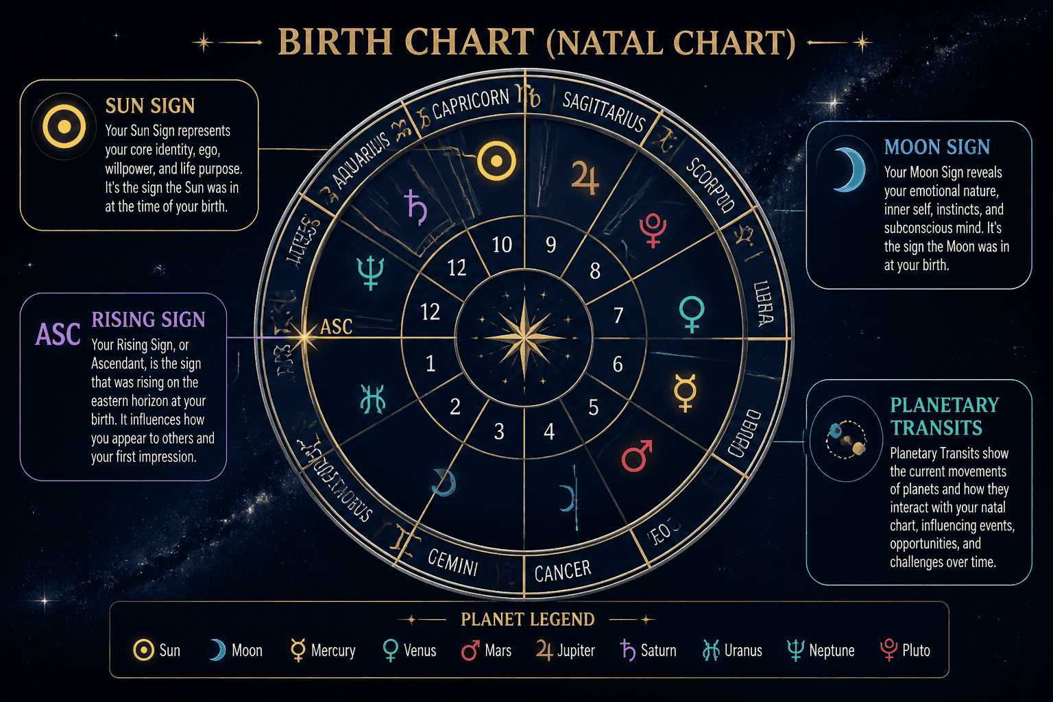 () clean infographic-style image showing a circular birth chart (natal chart wheel) with the 12 zodiac signs, planetary