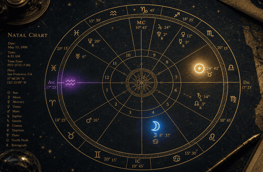 () close-up editorial concept image showing a detailed natal birth chart wheel with three highlighted sections glowing in