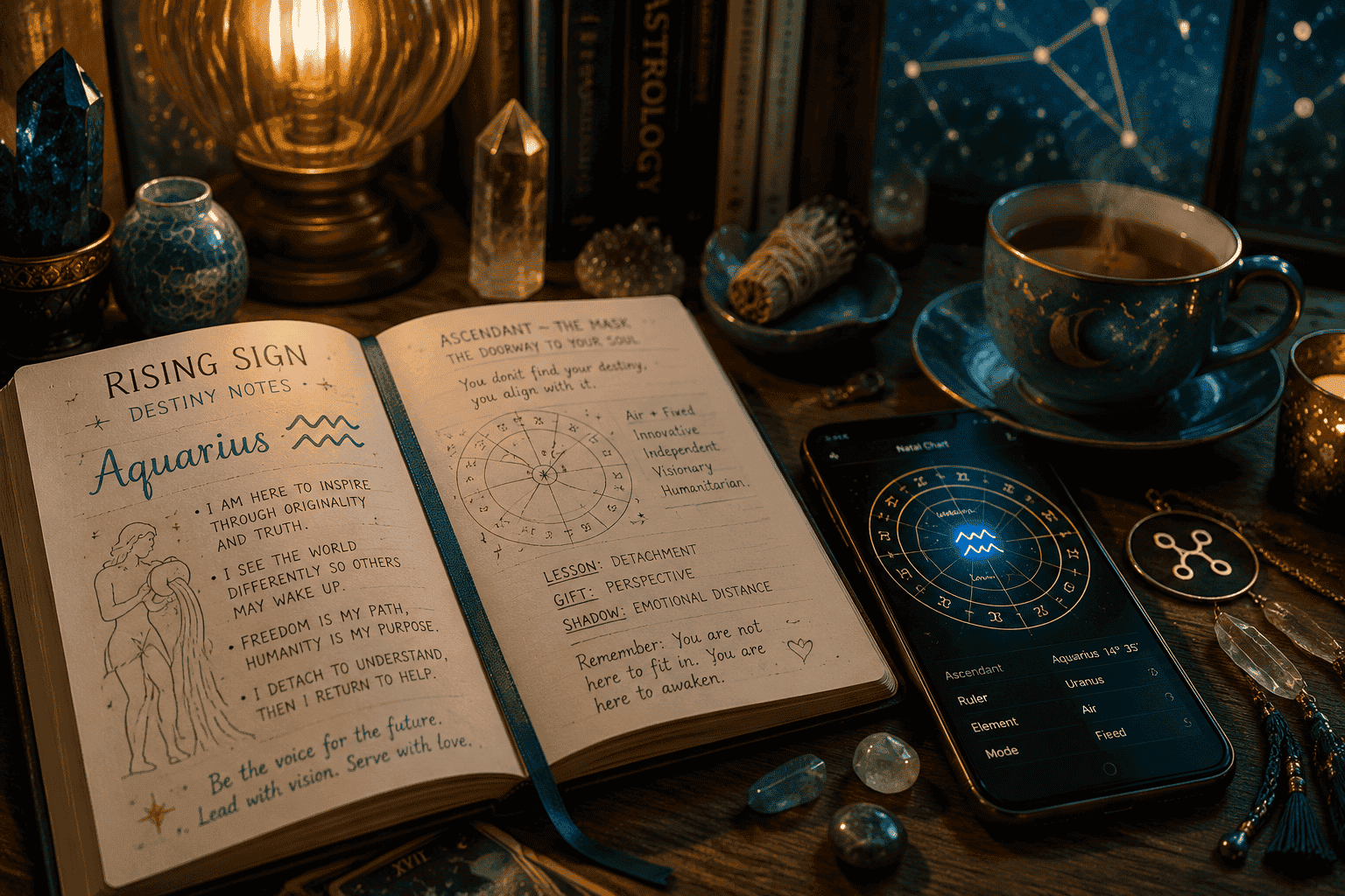 () close-up of an open astrological journal on a wooden desk with handwritten rising sign destiny notes, a glowing