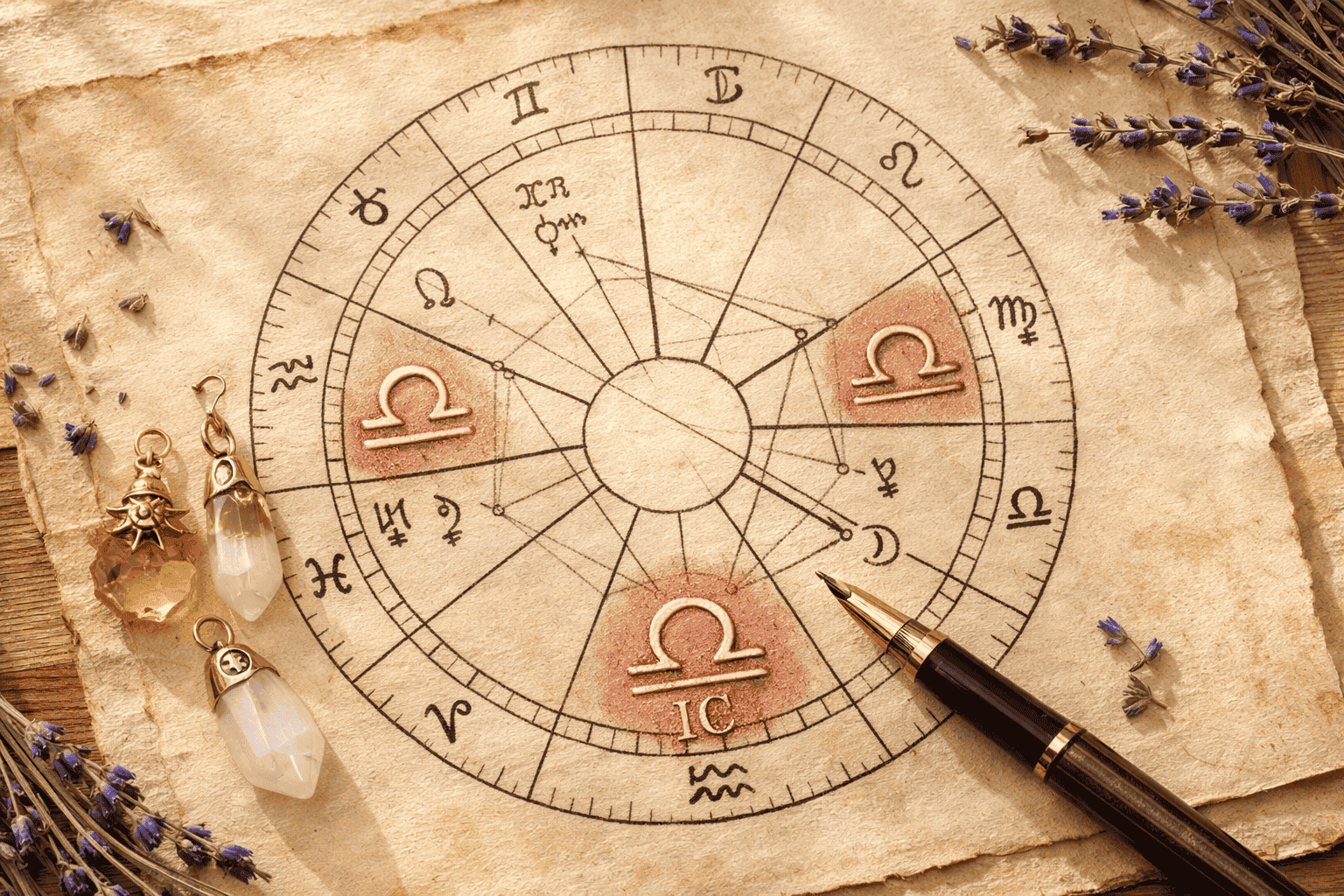 () close-up overhead view of an open natal chart wheel on aged parchment paper, with Libra placements highlighted in rose