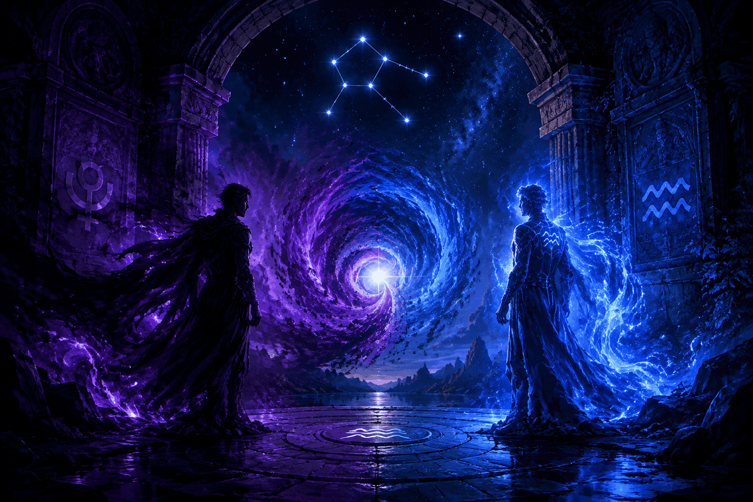 () concept illustration depicting two silhouetted figures facing each other across a symbolic threshold or gateway, one