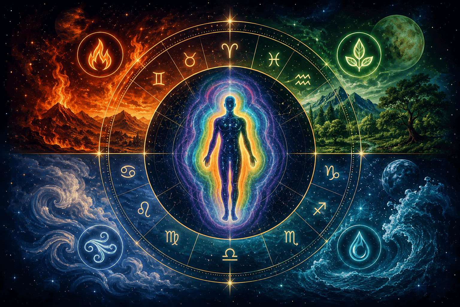 () concept illustration of a birth chart wheel glowing on a dark cosmic background, with fire, earth, air, and water