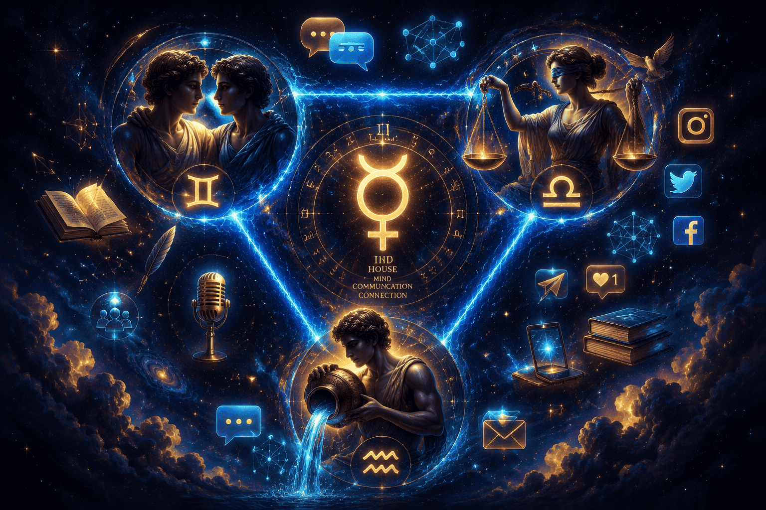 () concept illustration of three air sign zodiac symbols—Gemini twins, Libra scales, Aquarius water-bearer—arranged in a
