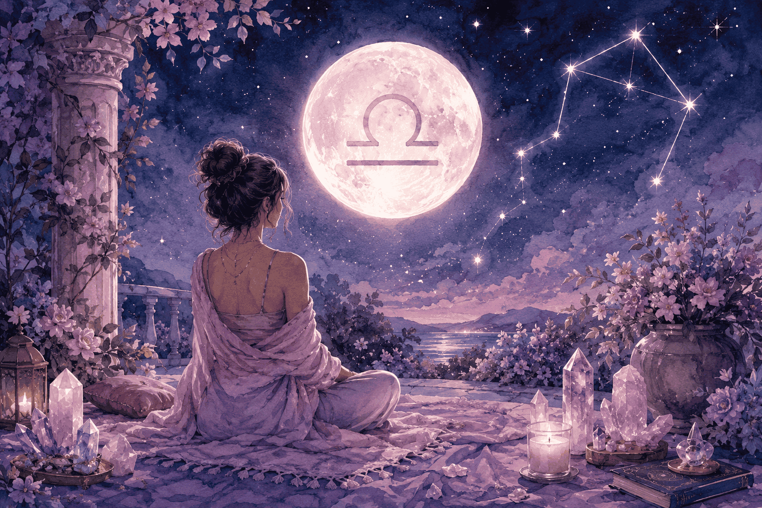 () conceptual illustration of a person meditating in a moonlit garden, seated cross-legged on a soft blanket, surrounded by