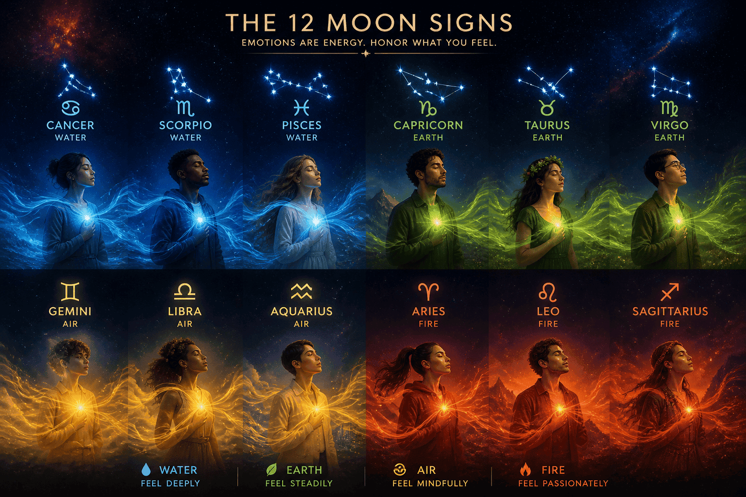 () conceptual illustration of twelve diverse human figures each standing beneath their moon sign constellation, emotions