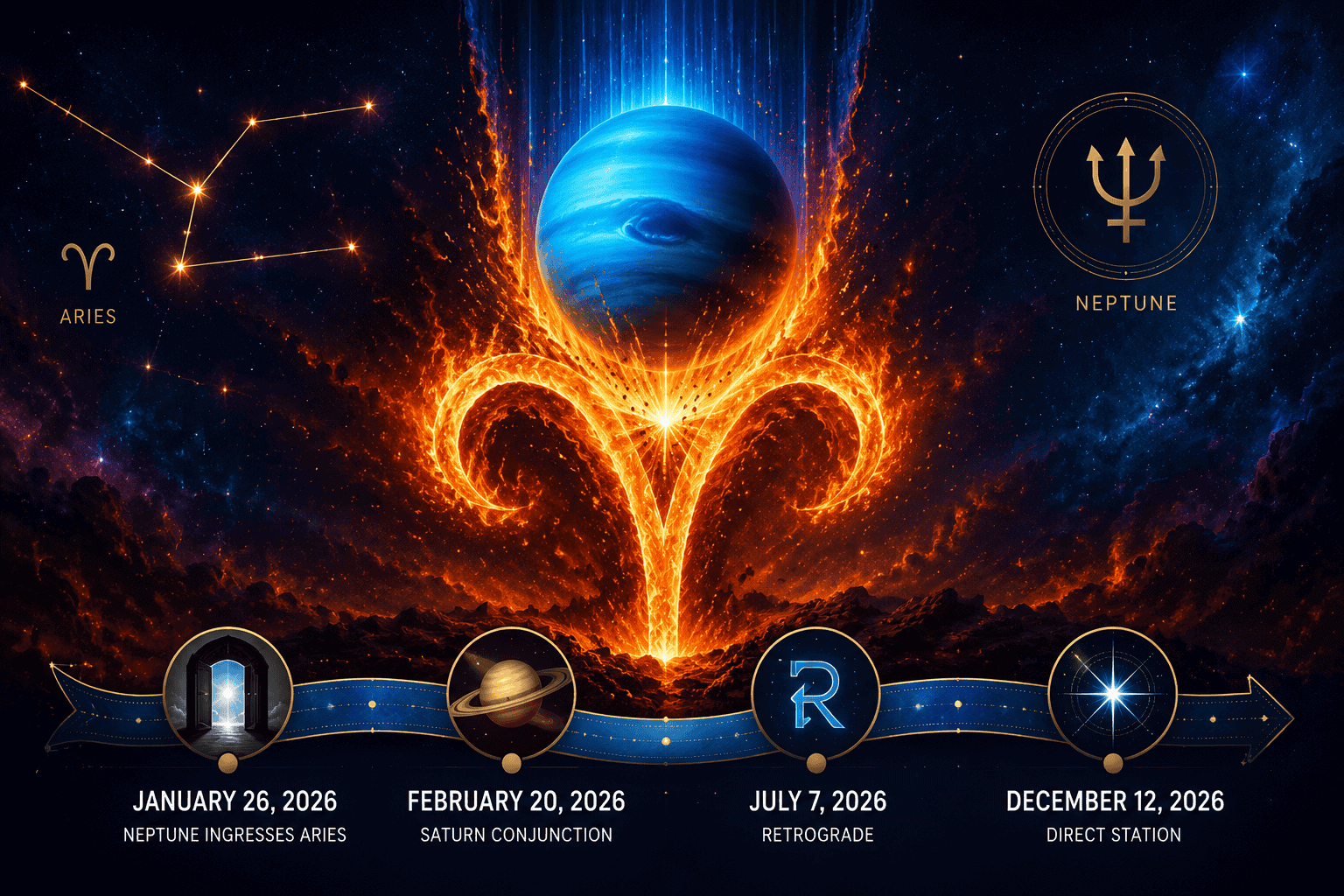 () conceptual illustration showing Neptune's blue-green planet descending into a blazing Aries fire symbol, with a timeline
