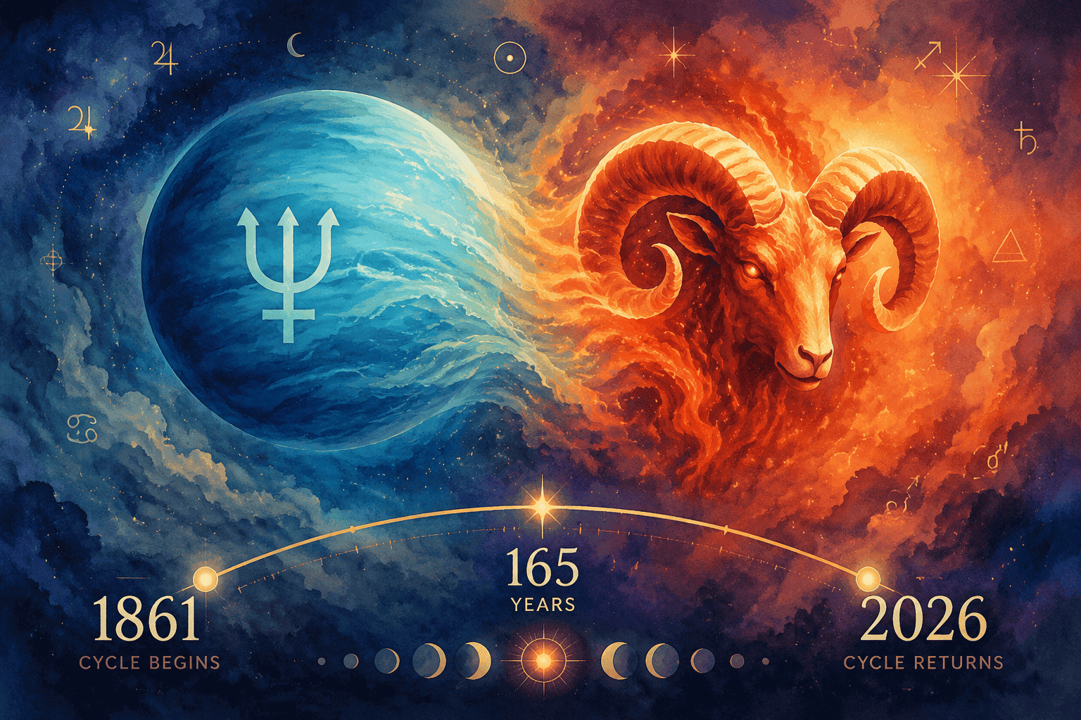 () conceptual illustration showing Neptune's blue-green planet orb transitioning into the Aries fire-ram symbol, with a