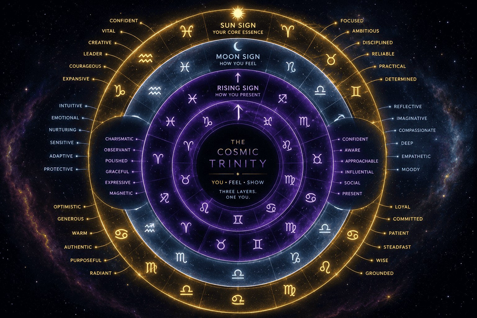 () conceptual visualization of a three-layered transparent circle diagram representing Sun sign (outer ring, bright gold),
