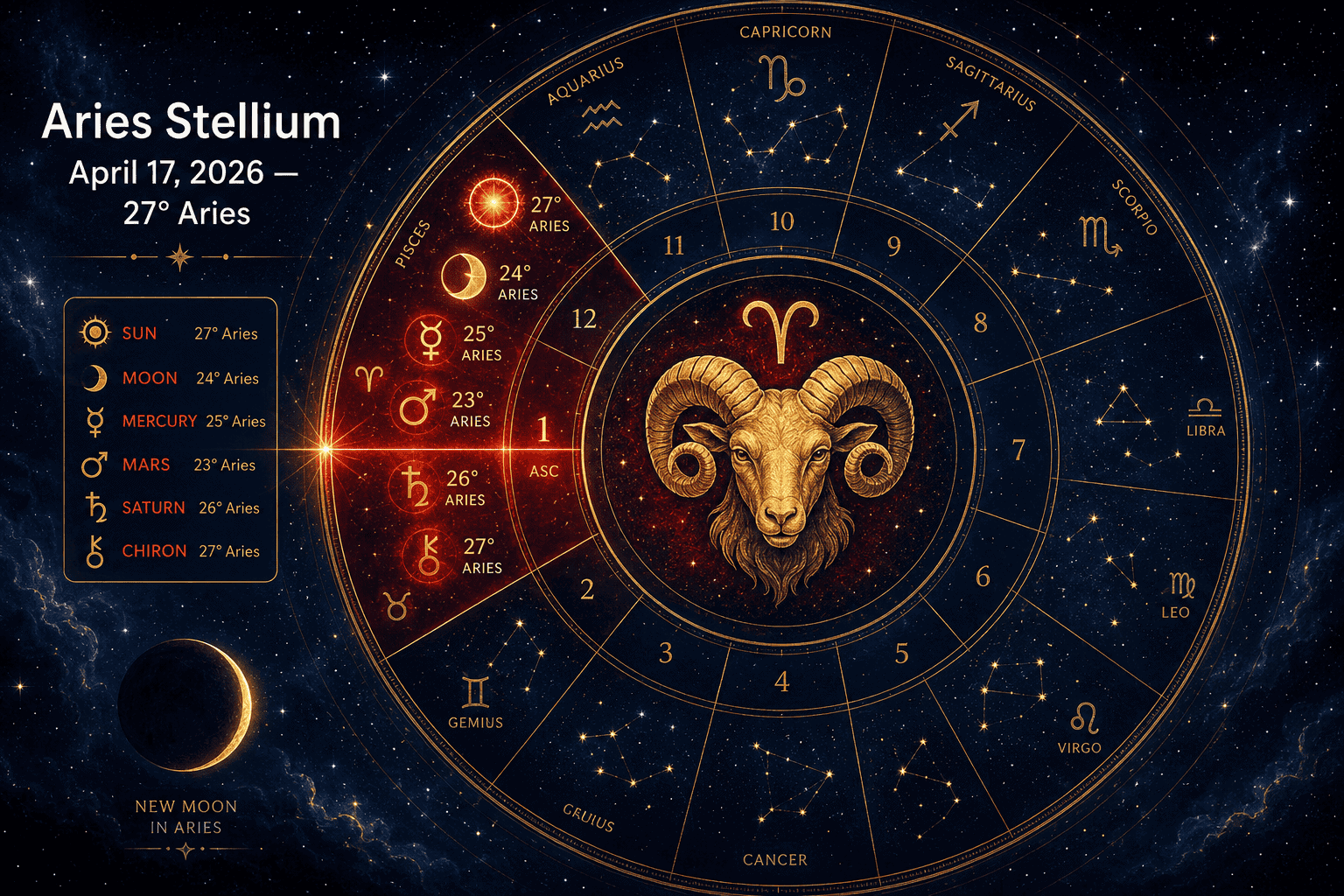 () detailed astrological chart wheel illustration showing six planets clustered in Aries sector — Sun, Moon, Mercury, Mars,