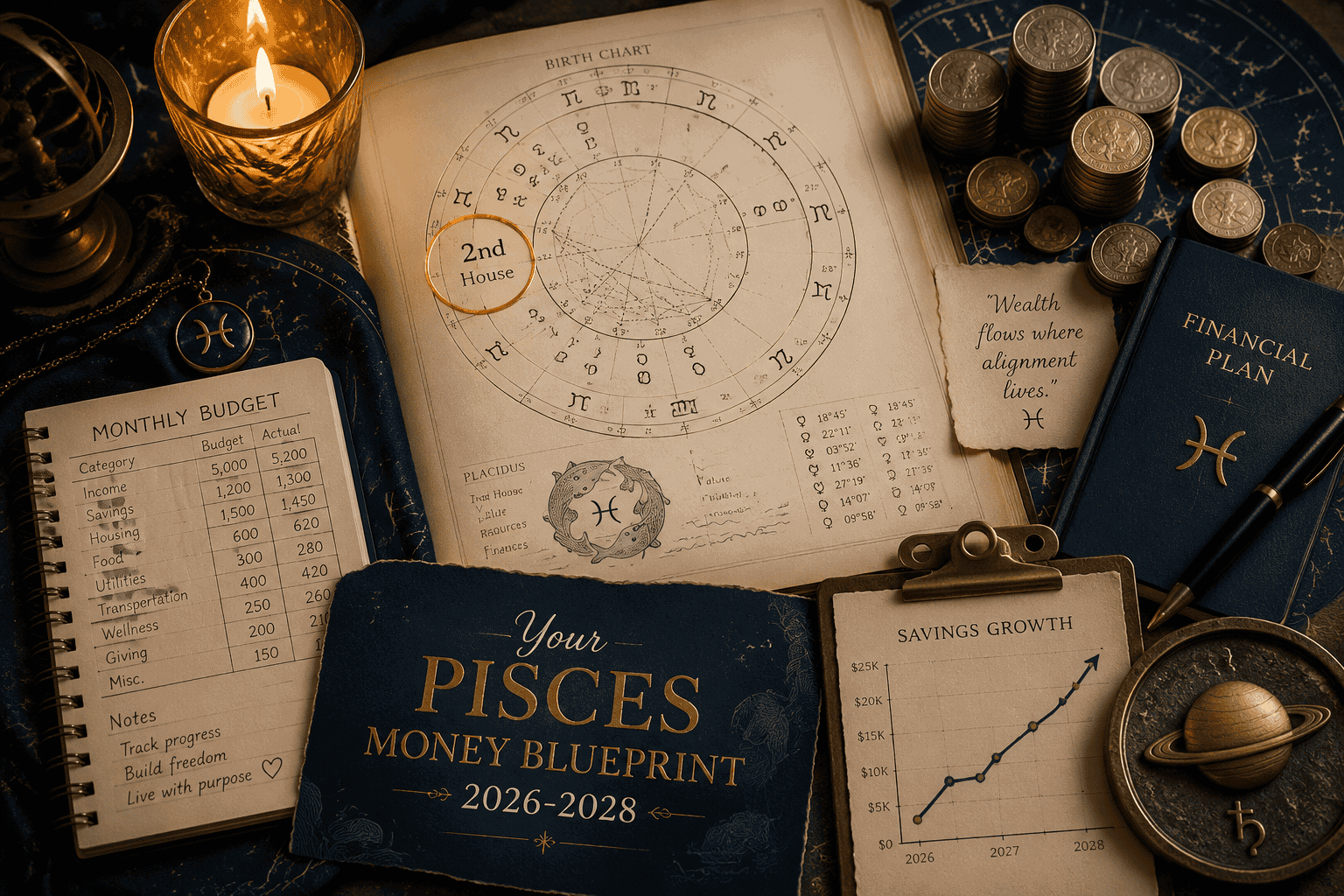 () detailed financial planning scene viewed from above: an open astrology birth chart with the 2nd House circled in gold,
