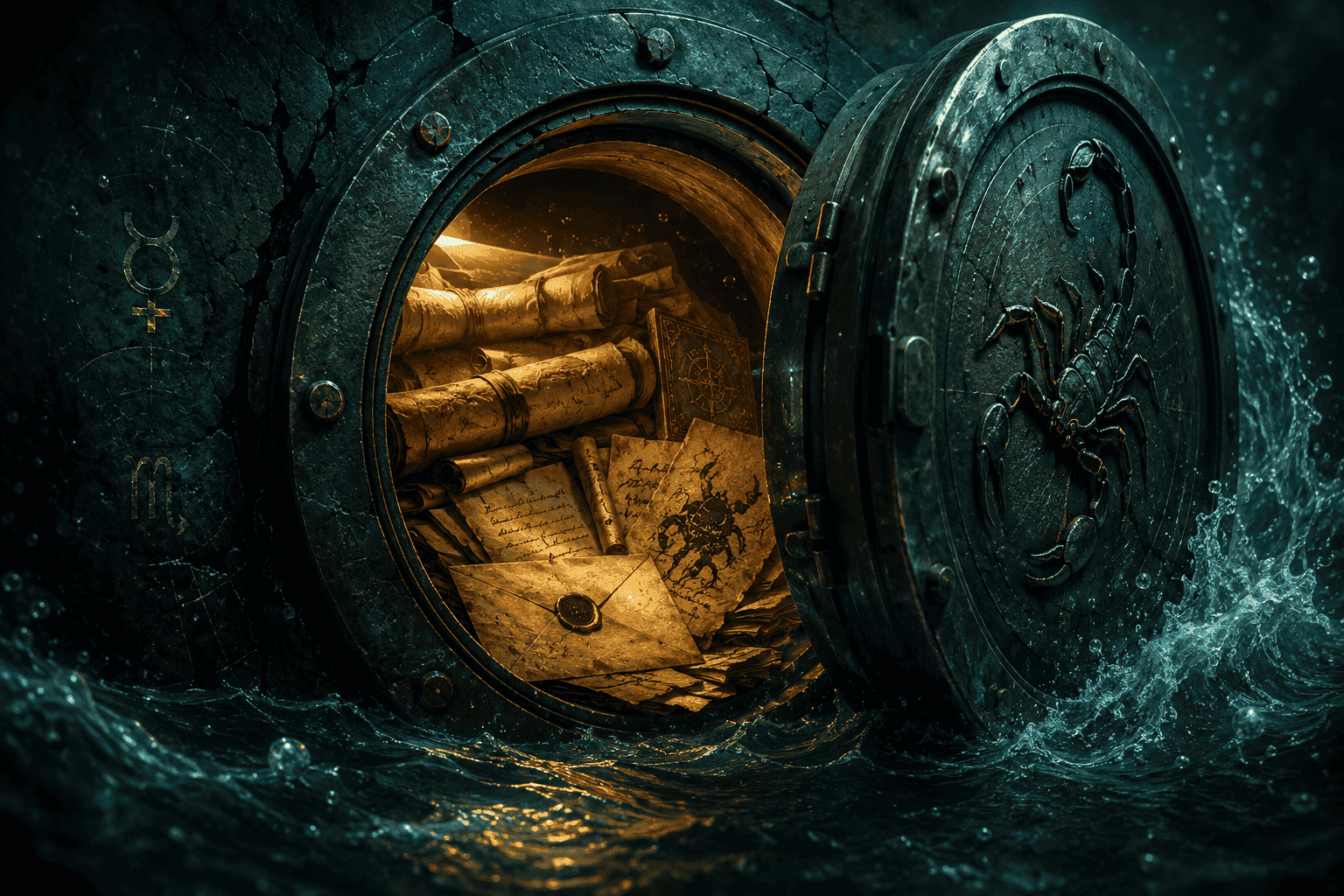 () dramatic close-up concept illustration of a cracked vault door opening to reveal glowing ancient scrolls and hidden