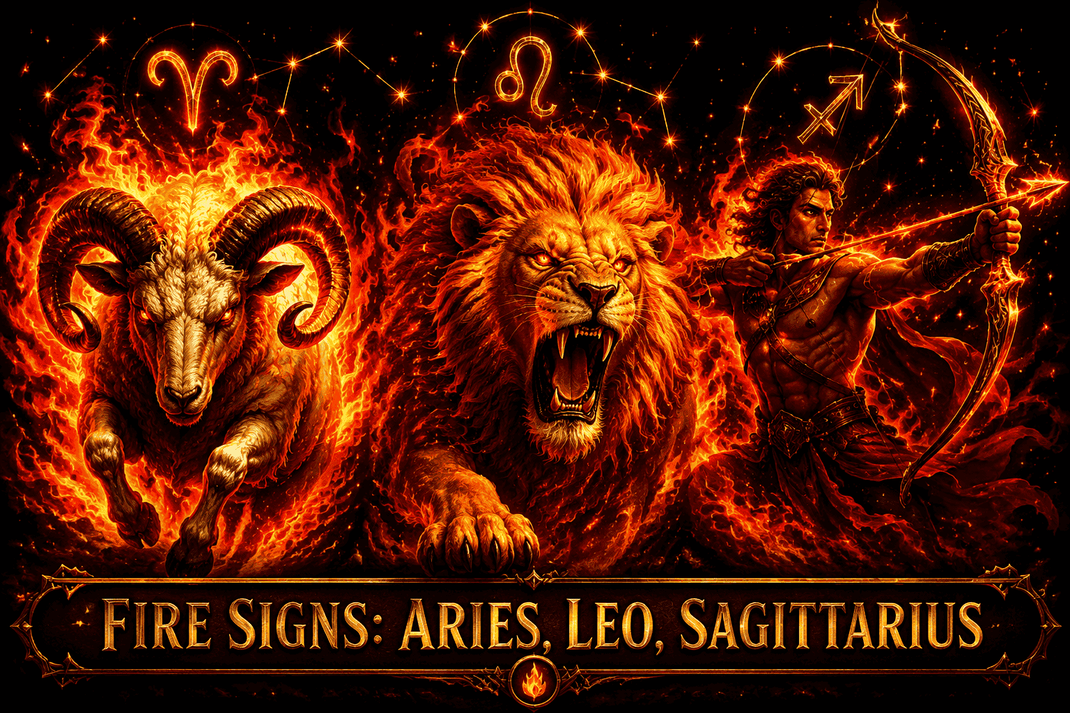 () dramatic close-up illustration of three fire zodiac signs — Aries ram, Leo lion, and Sagittarius archer — rendered in